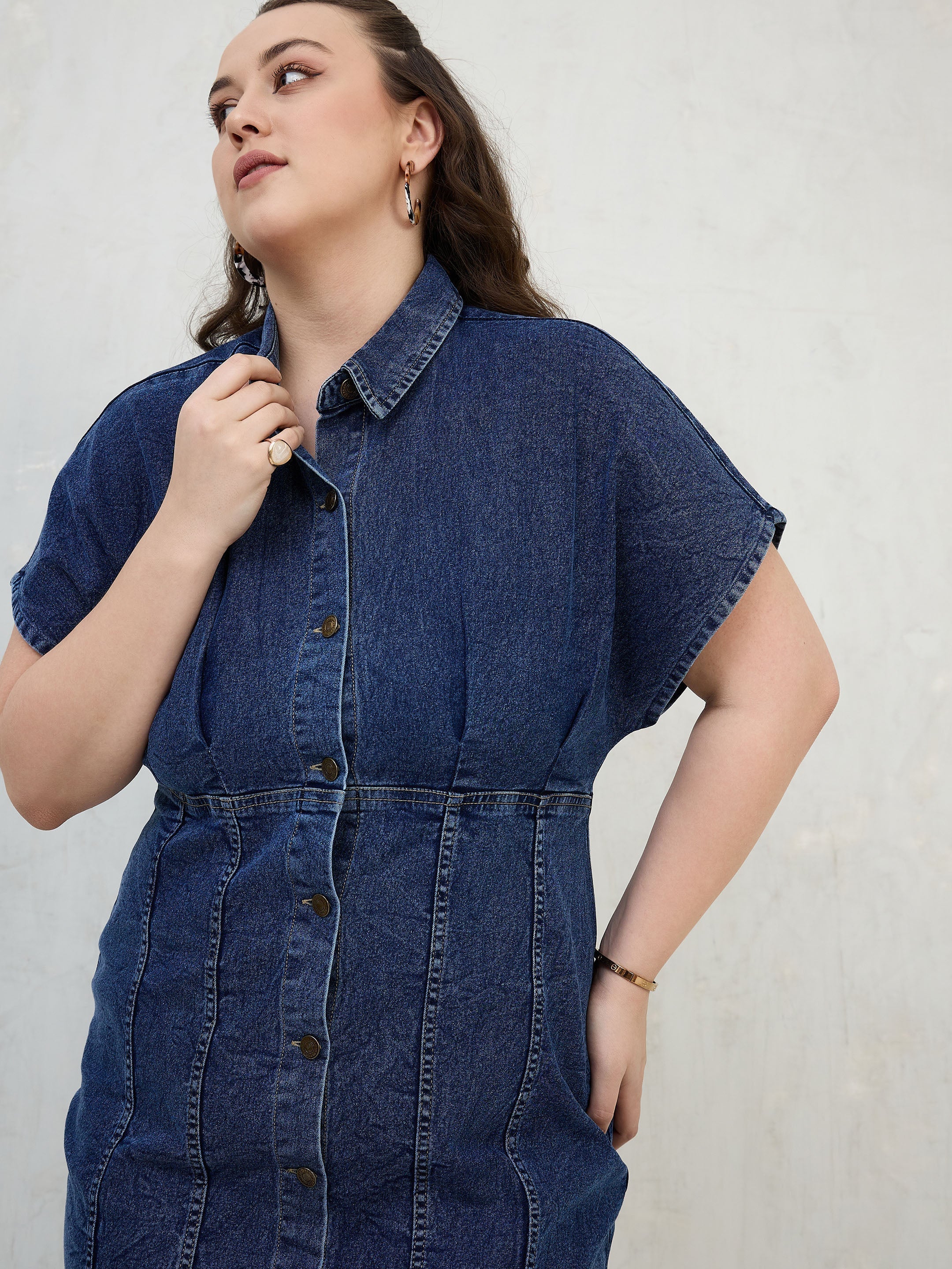 Women Navy Denim Kimono Sleeves Midi Dress - Image 4