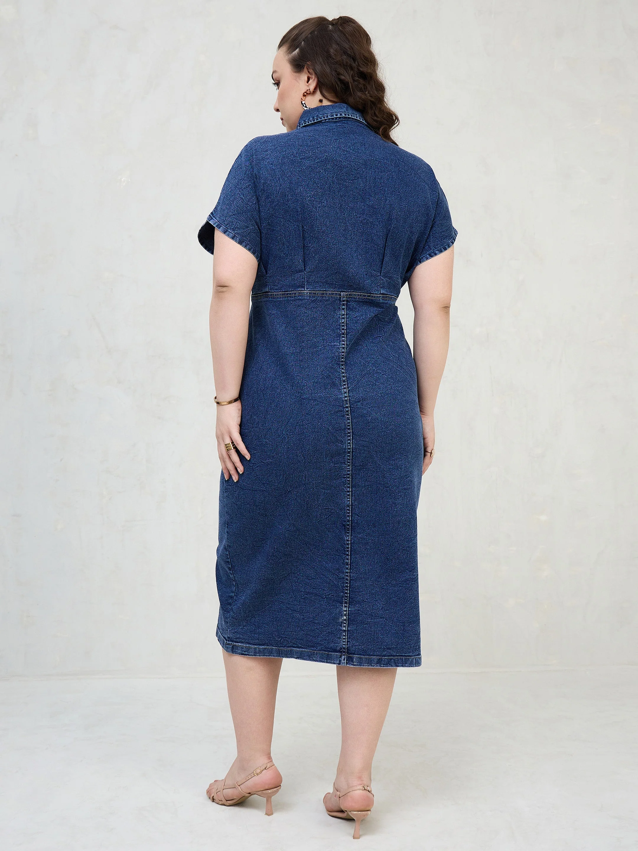 Women Navy Denim Kimono Sleeves Midi Dress - Image 5