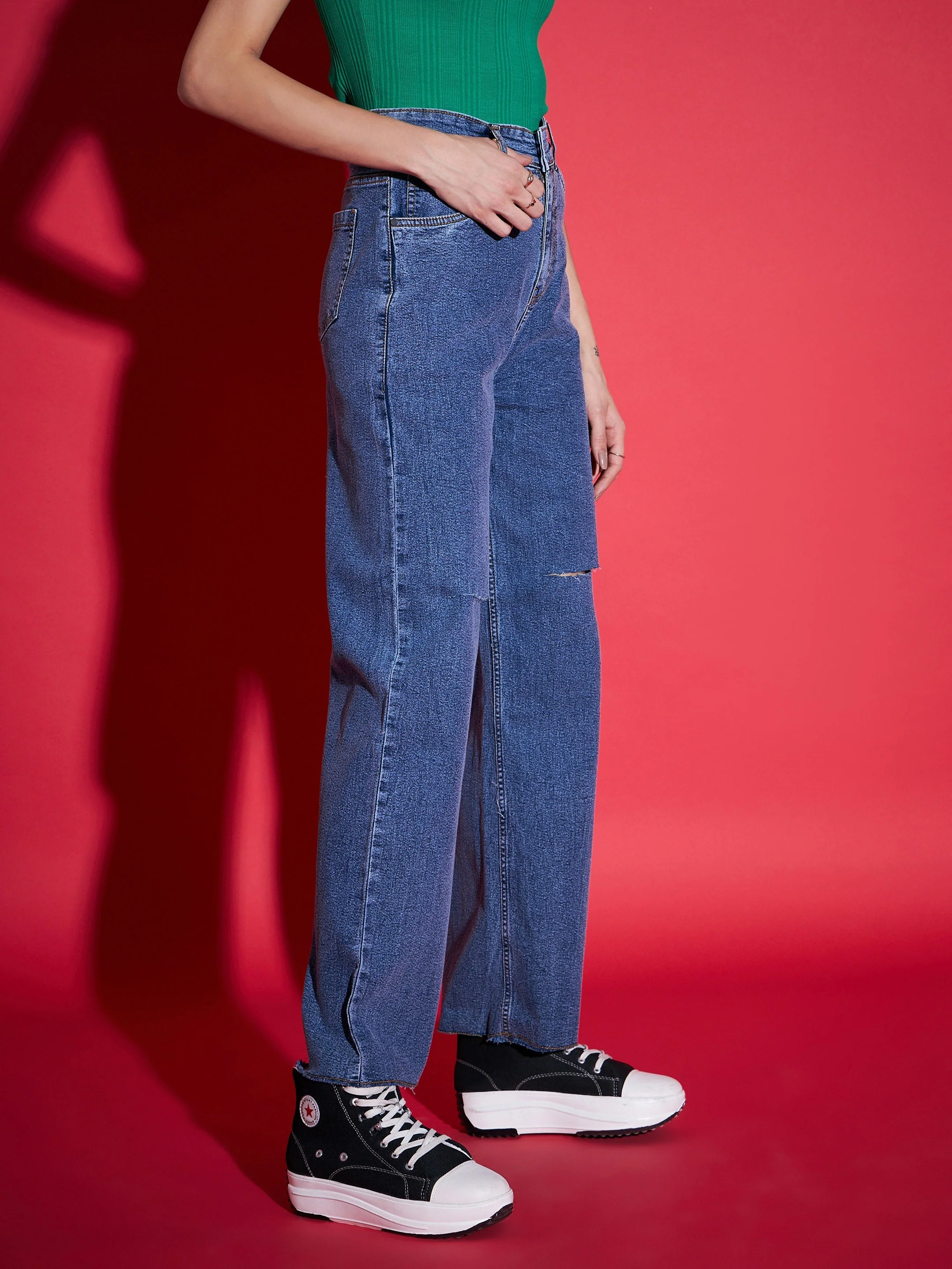 Women Navy Denim  Knee Slit Straight Jeans - Image 3
