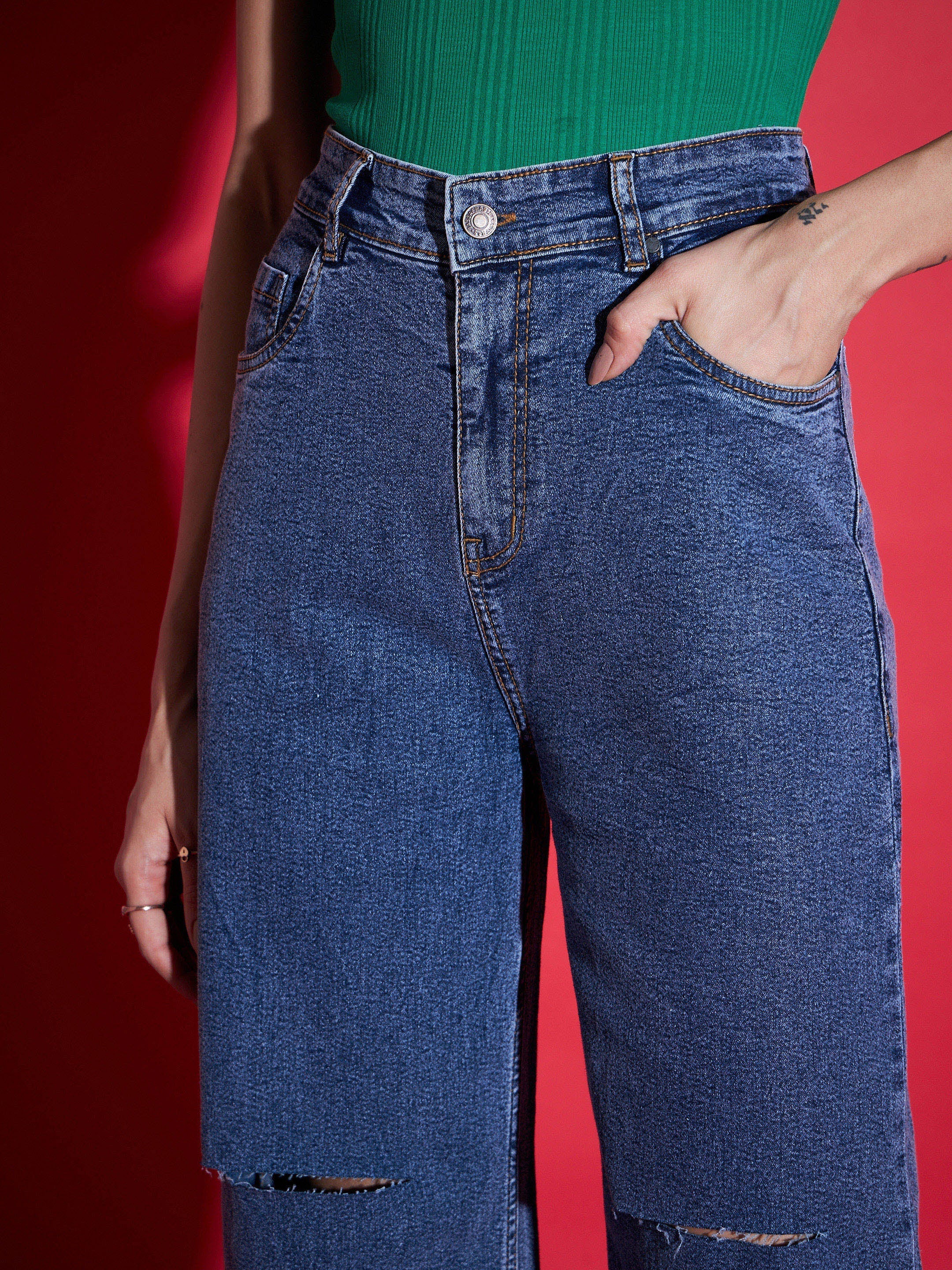 Women Navy Denim  Knee Slit Straight Jeans - Image 4
