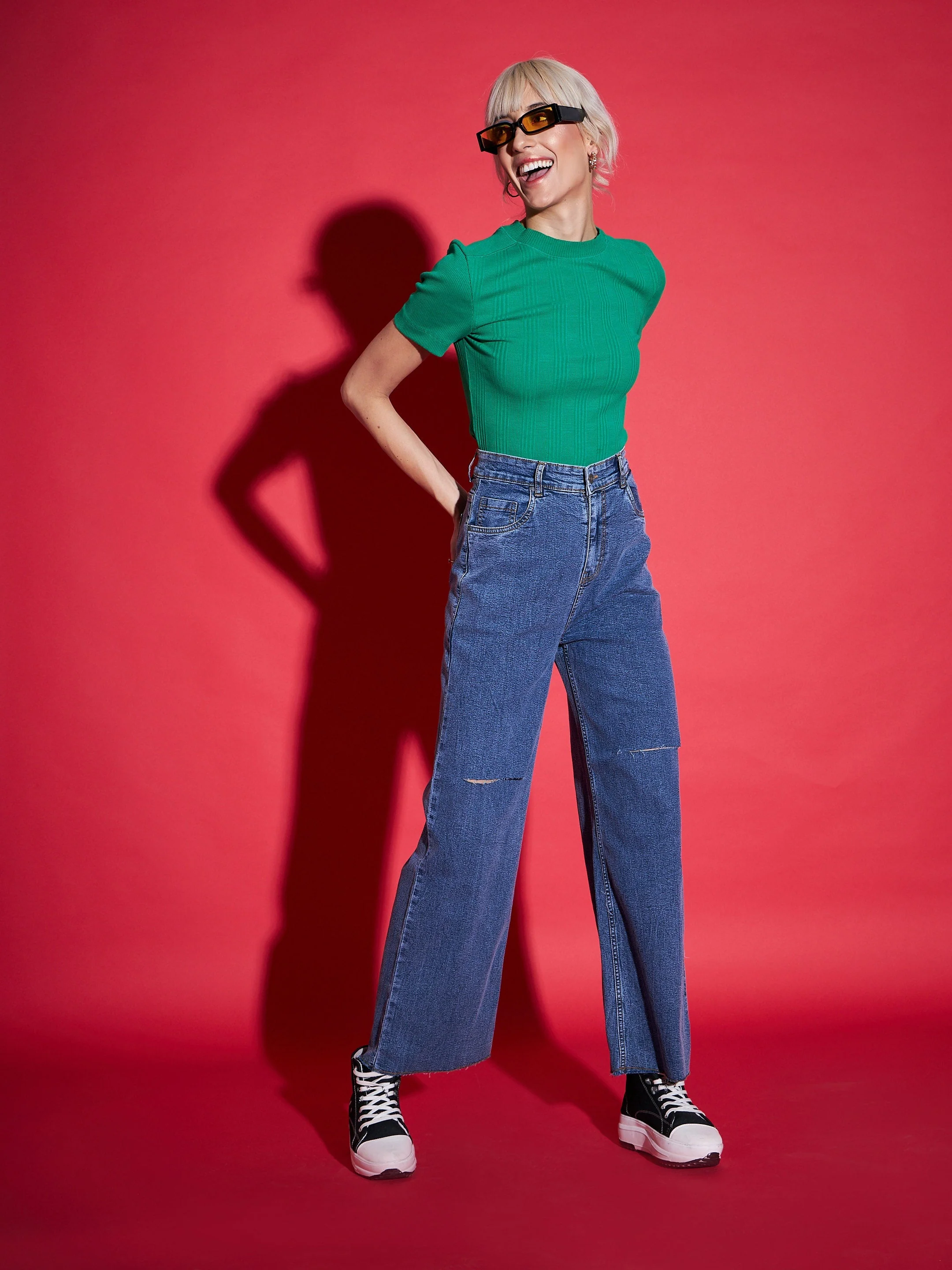 Women Navy Denim  Knee Slit Straight Jeans - Image 6