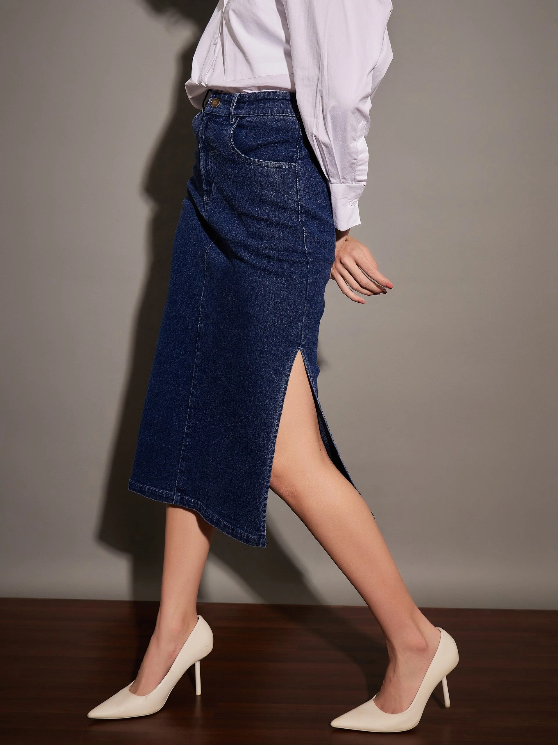 Women Navy Denim Side Slit Midi Skirt - Image 3