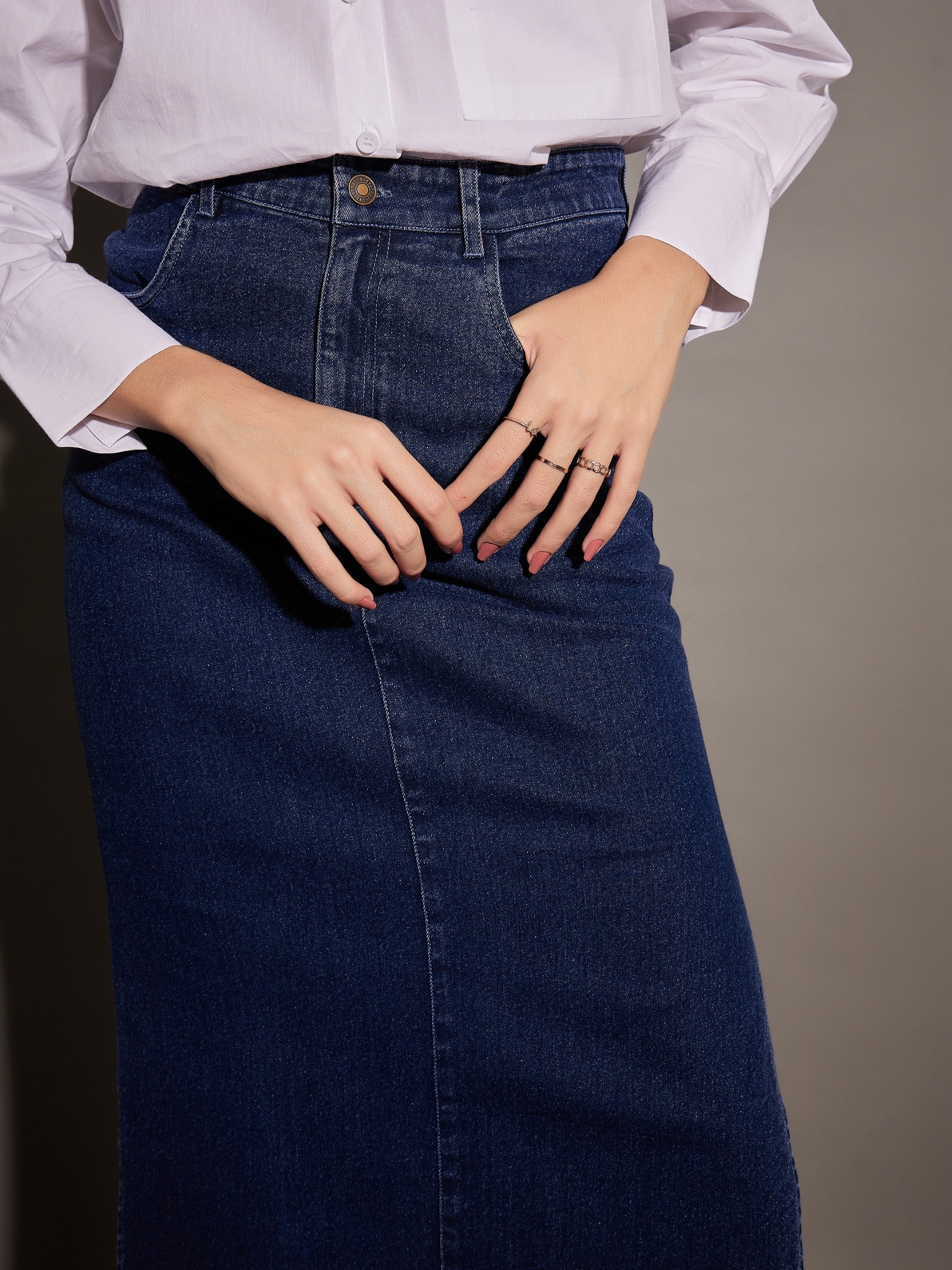 Women Navy Denim Side Slit Midi Skirt - Image 4