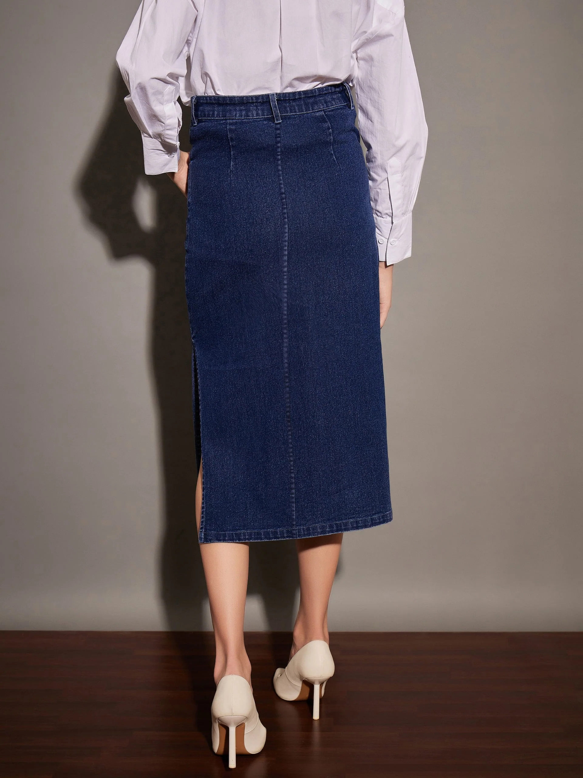 Women Navy Denim Side Slit Midi Skirt - Image 5