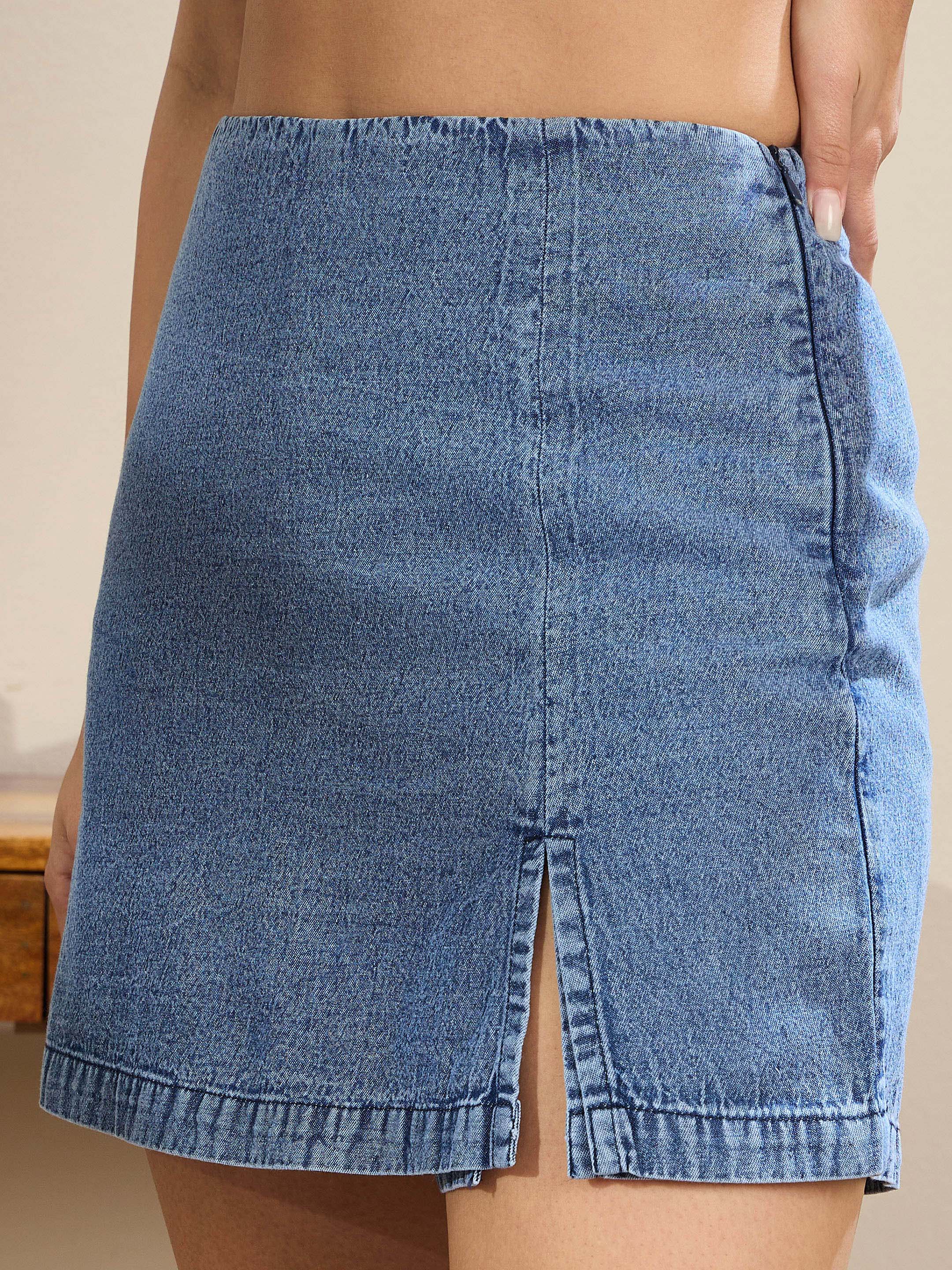 Women Navy Denim Side Slit Skirts - Image 3