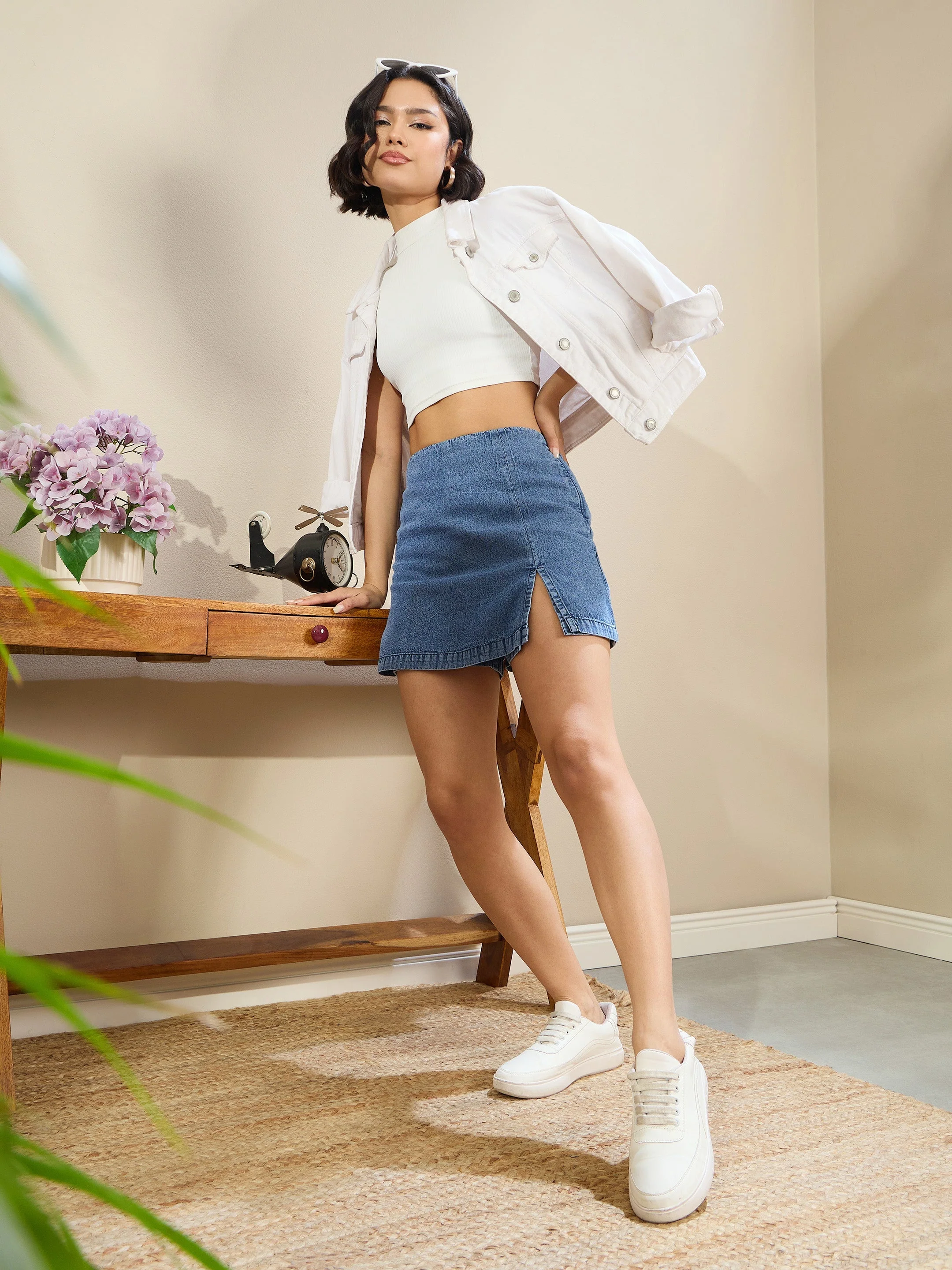 Women Navy Denim Side Slit Skirts - Image 5