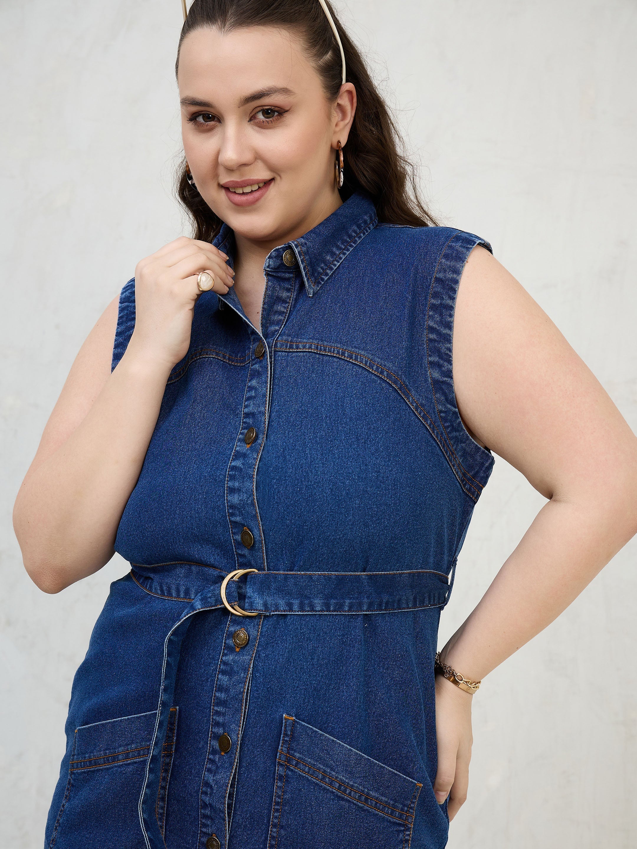Women Navy Denim Sleeveless Short Dress - Image 4