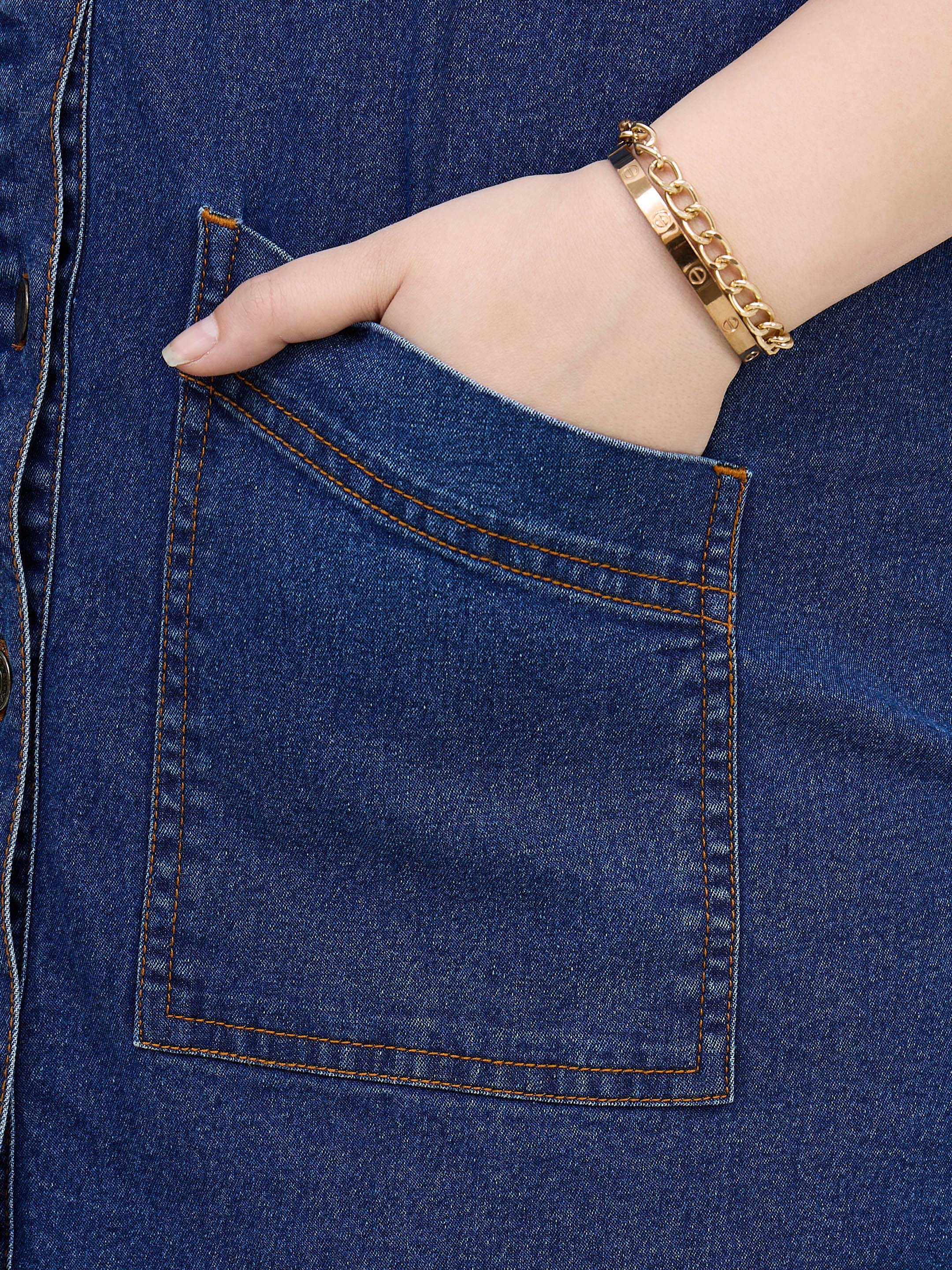 Women Navy Denim Sleeveless Short Dress - Image 5