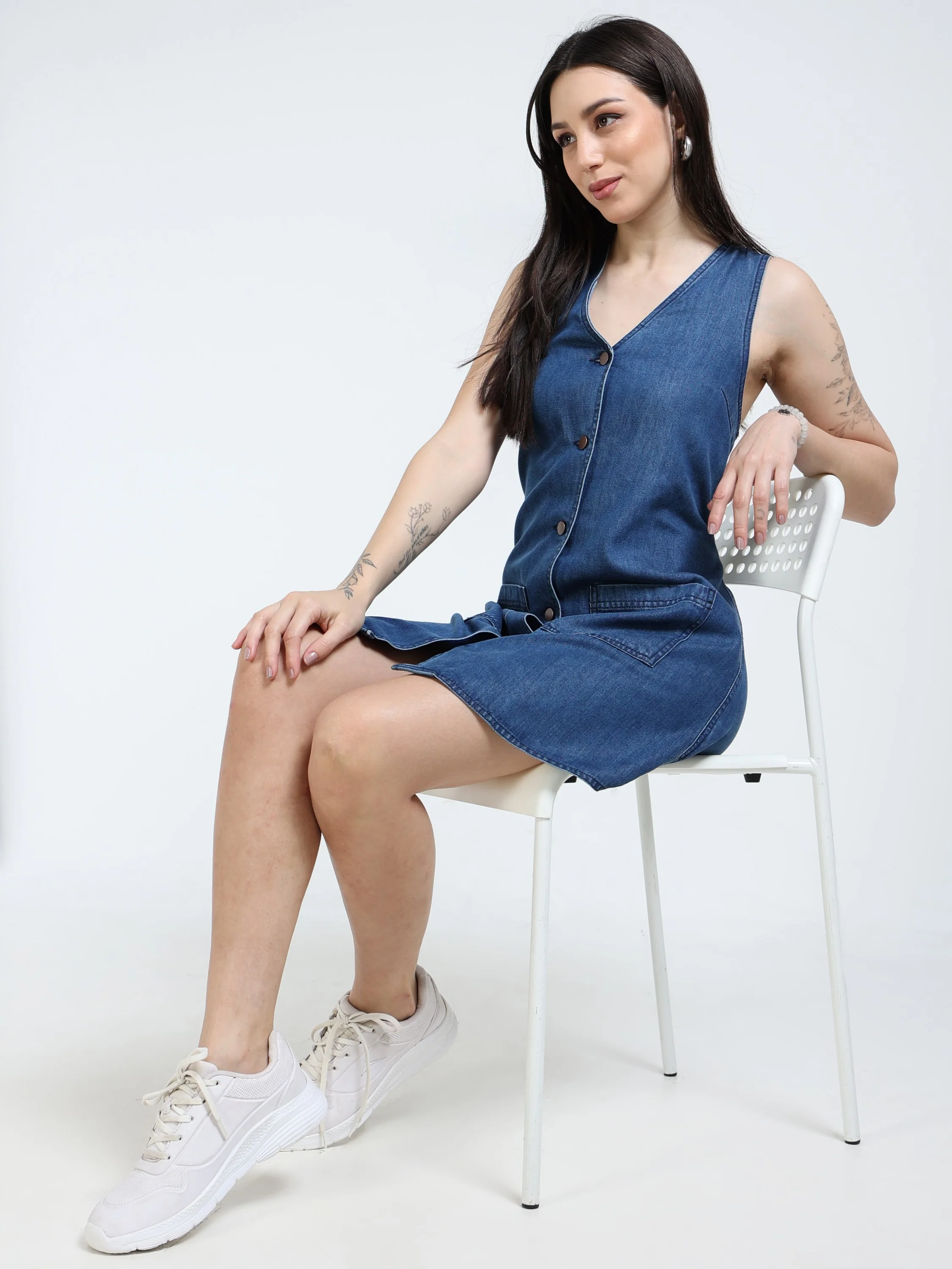 Women Navy Denim A-Line Dress - Image 2