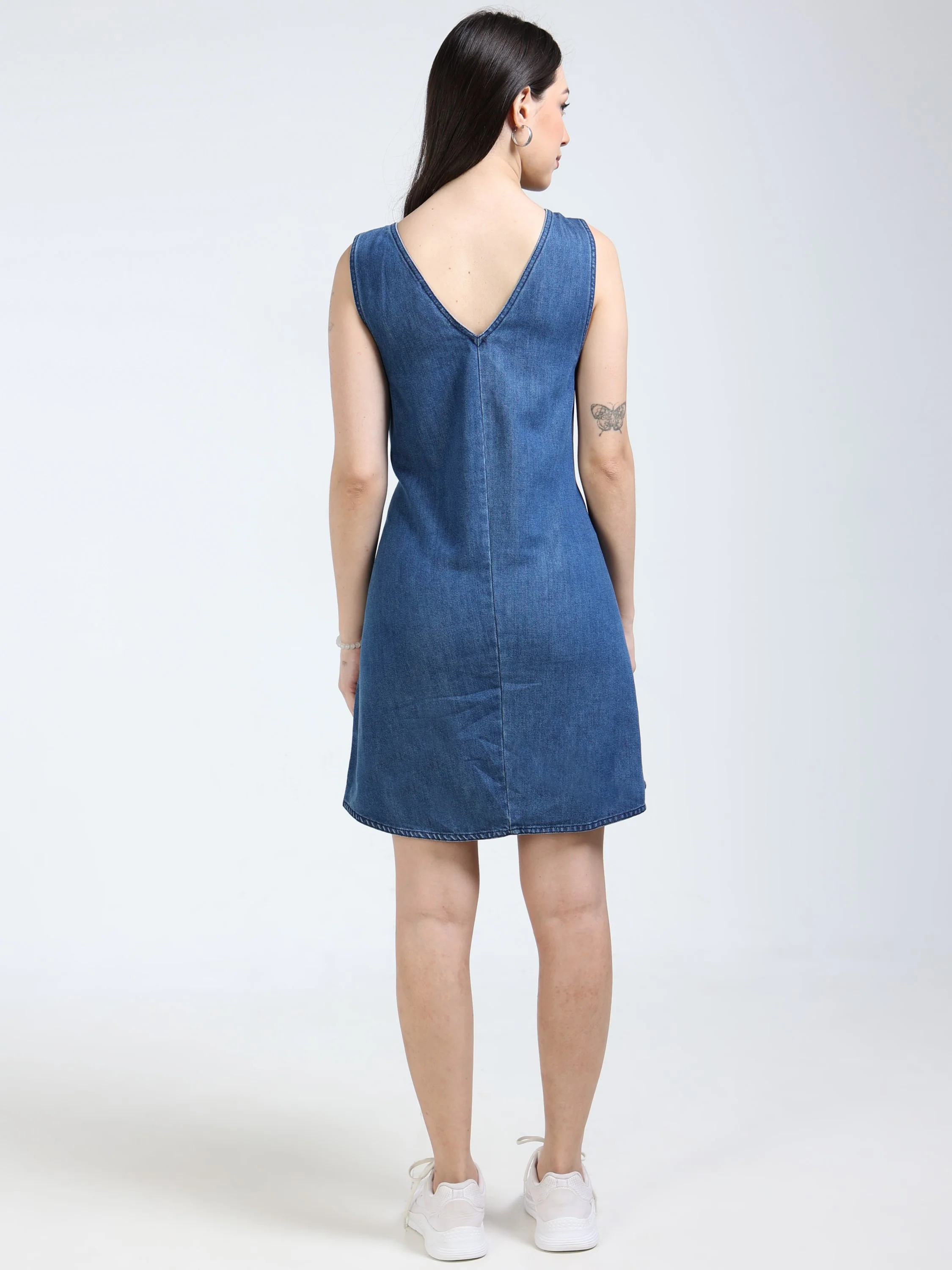 Women Navy Denim A-Line Dress - Image 3