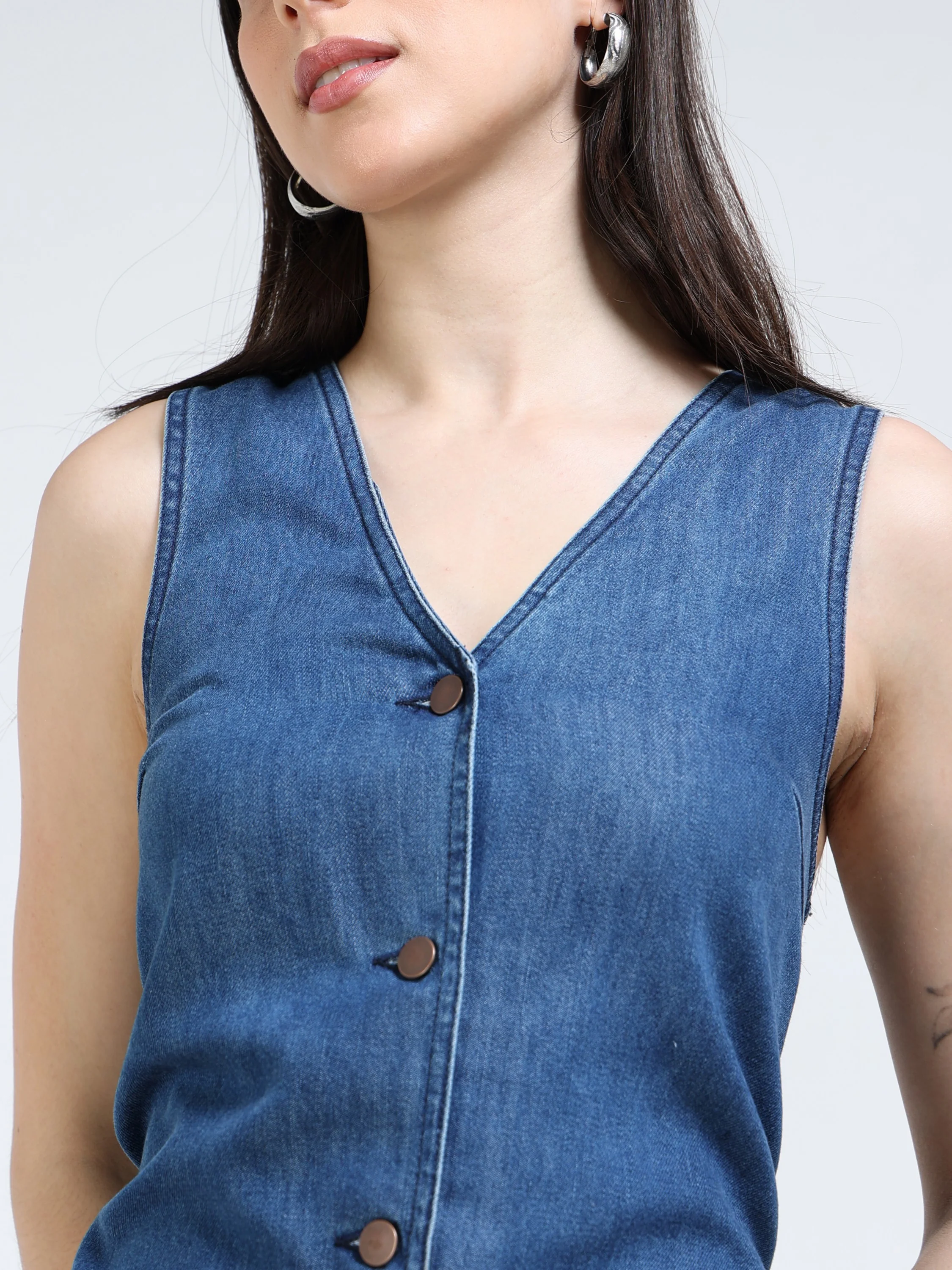Women Navy Denim A-Line Dress - Image 4