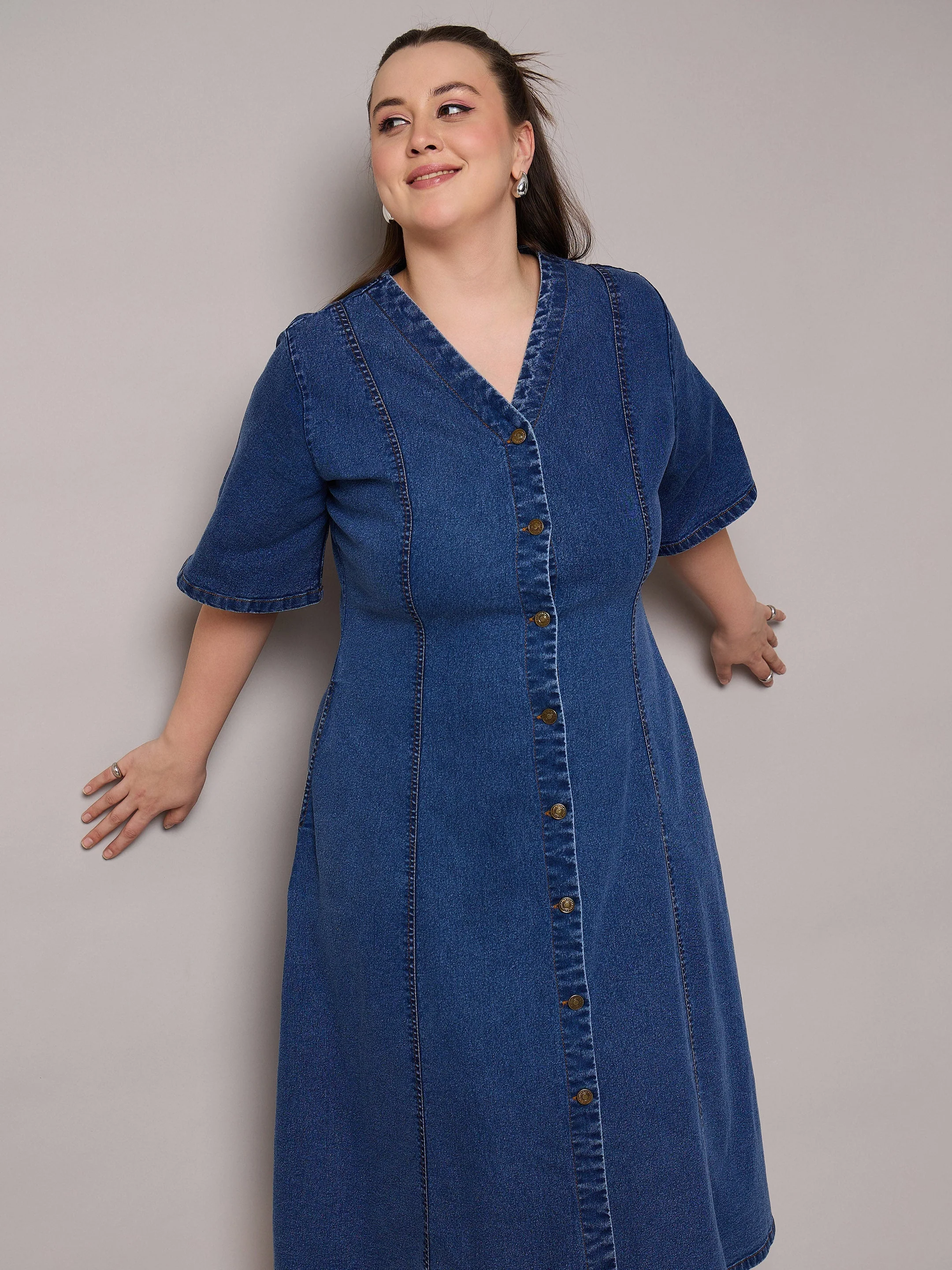 Women Navy Denim V Neck Midi Dress - Image 2