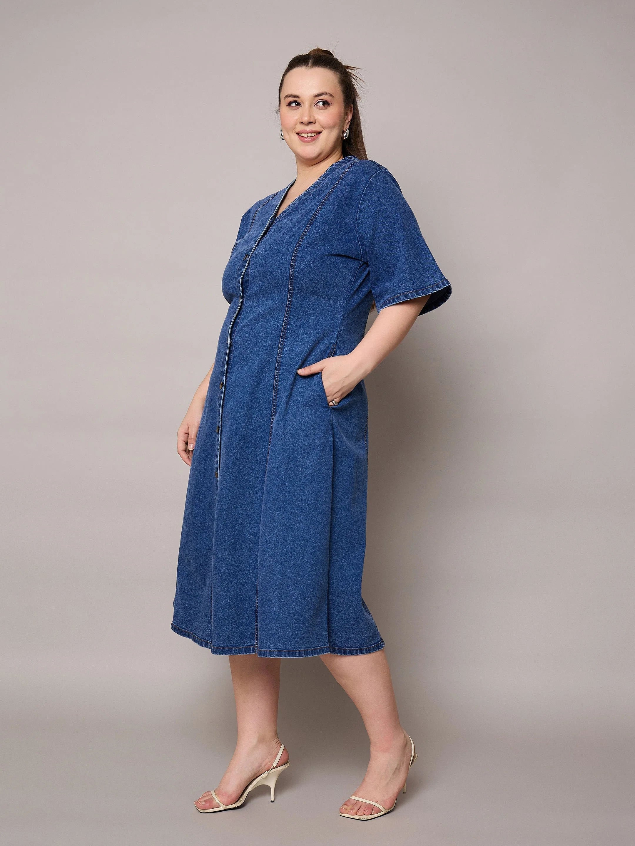 Women Navy Denim V Neck Midi Dress - Image 3