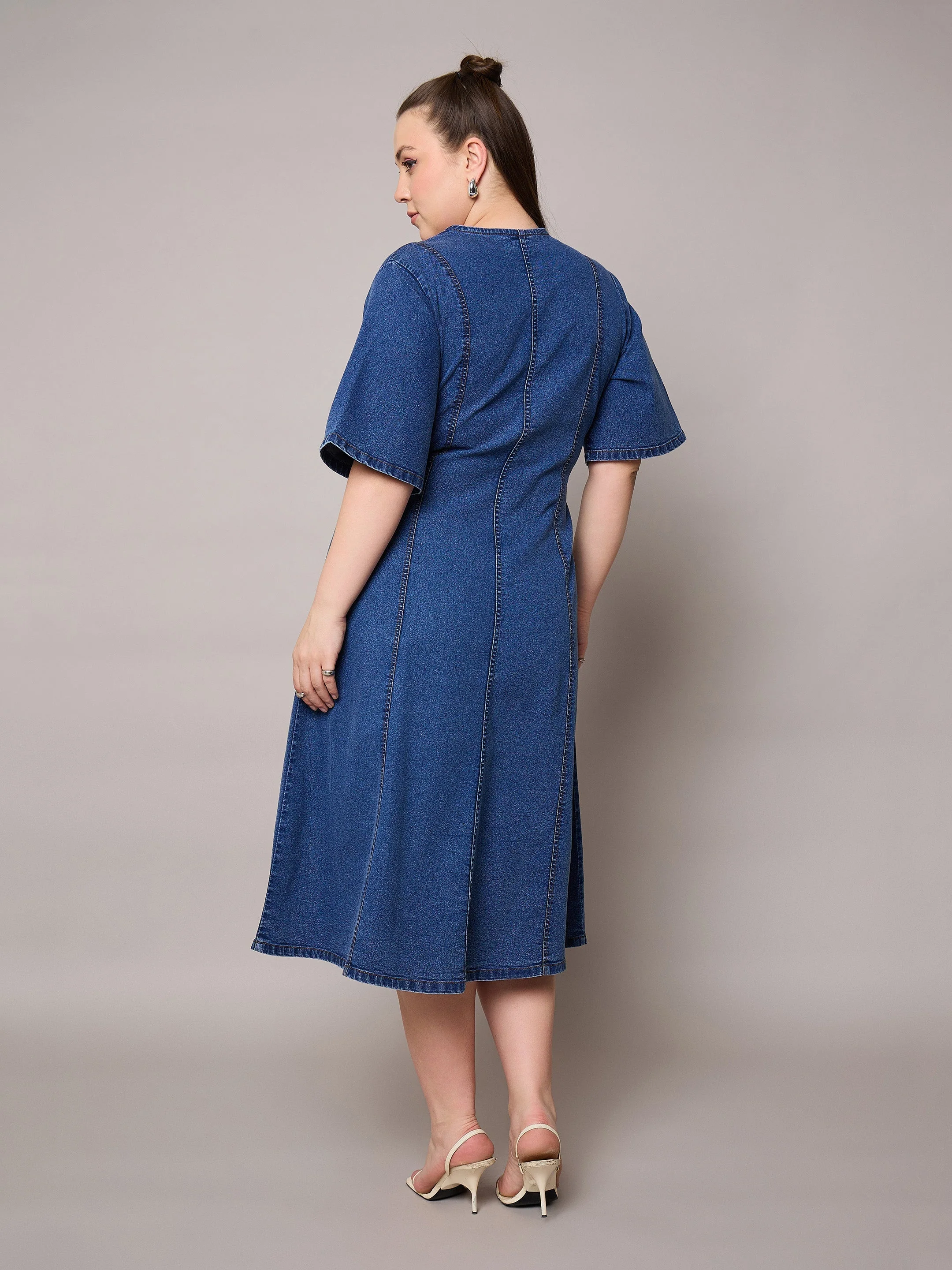 Women Navy Denim V Neck Midi Dress - Image 5