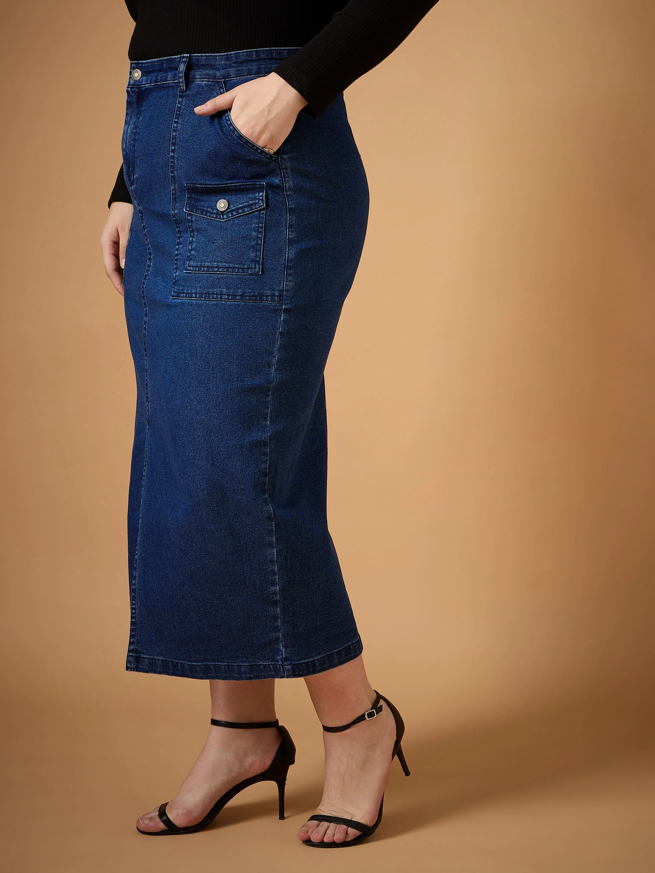 Women Navy Denim Wash Front Slit Skirt - Image 3