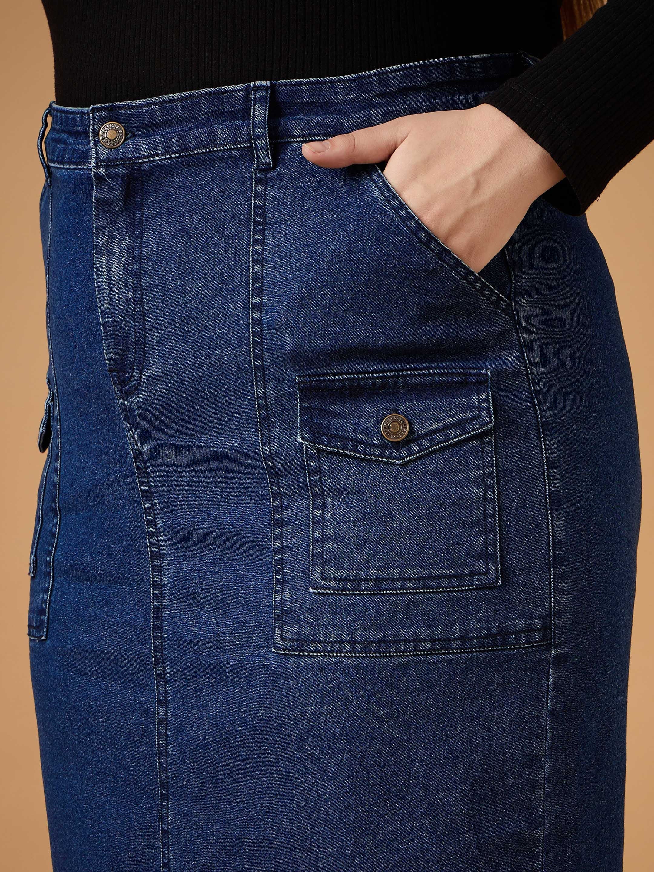 Women Navy Denim Wash Front Slit Skirt - Image 4