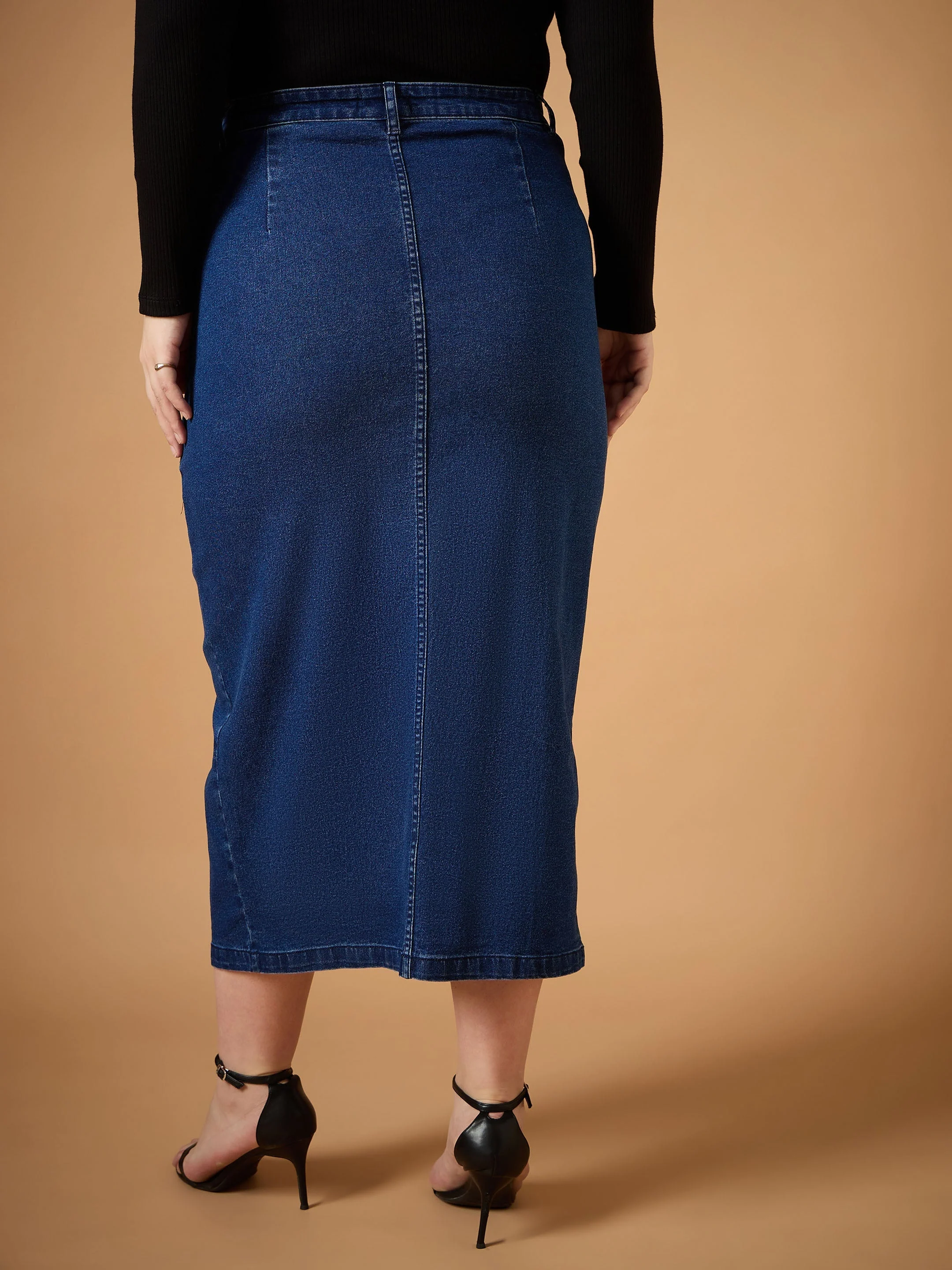 Women Navy Denim Wash Front Slit Skirt - Image 5