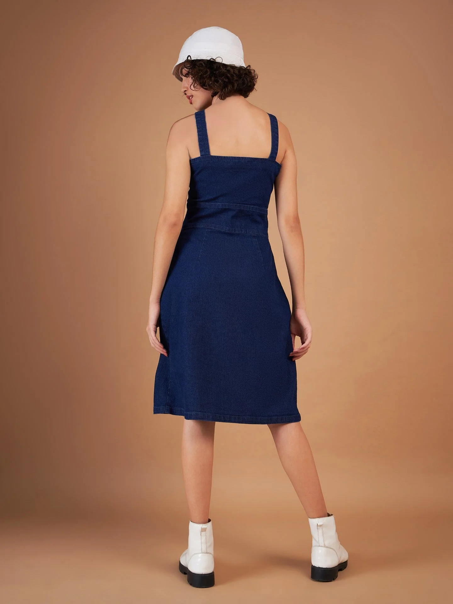 Women Navy Denim Wash Strappy Dress - Image 2