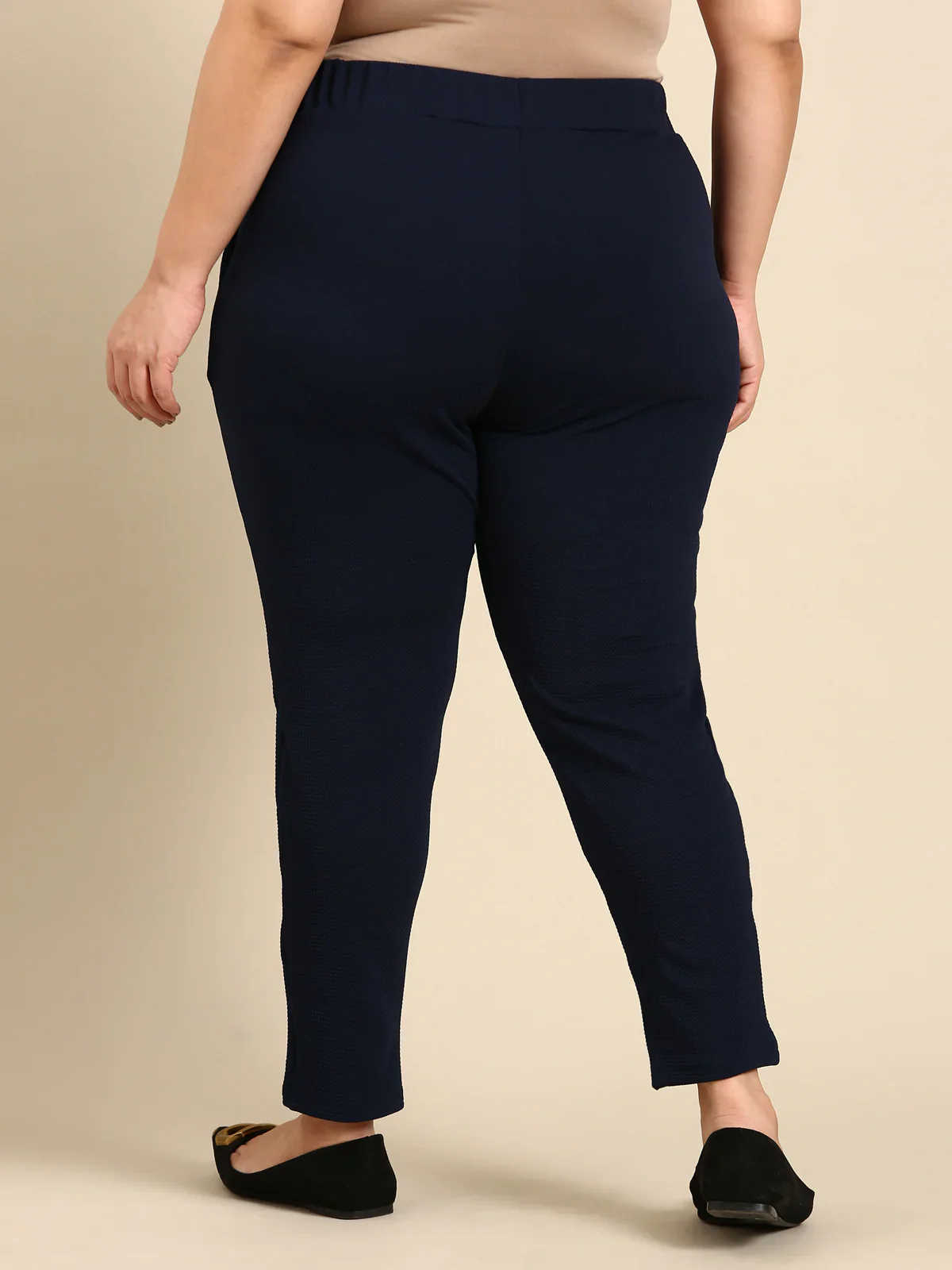 Women Navy Embossed Stretch Pants - Image 3