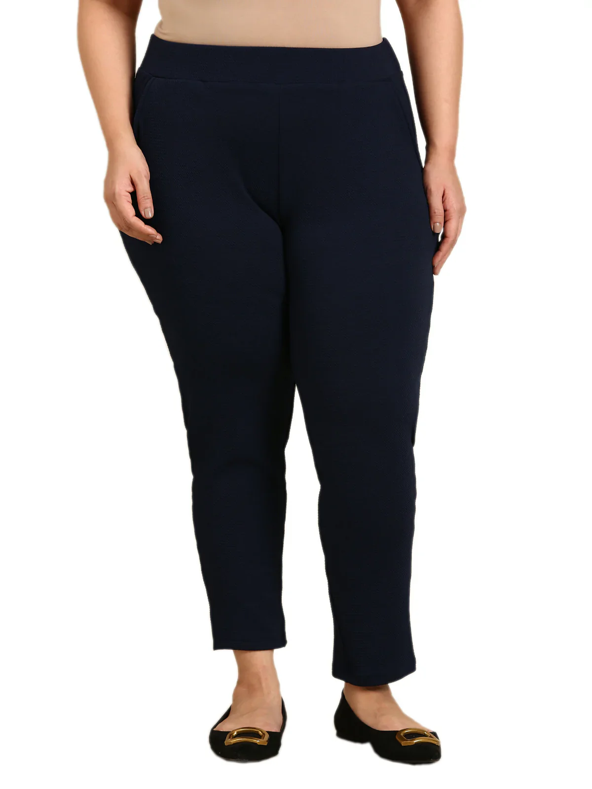 Women Navy Embossed Stretch Pants - Image 4