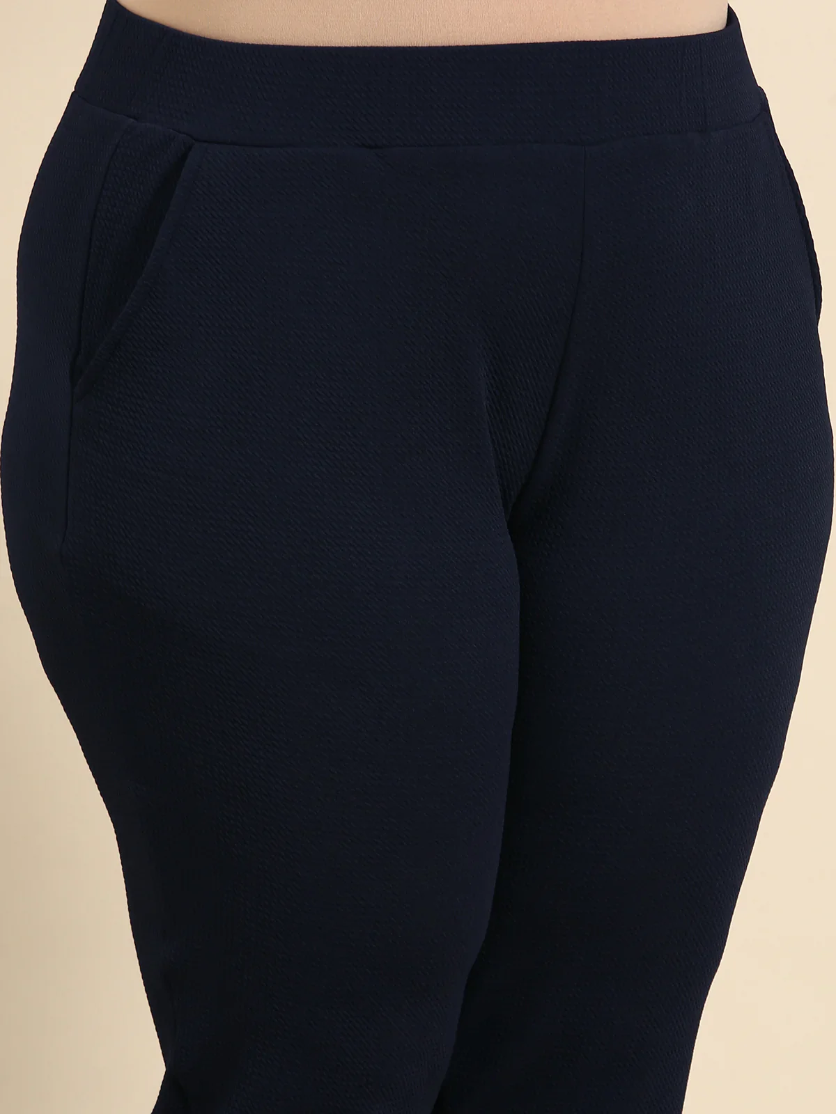 Women Navy Embossed Stretch Pants - Image 5