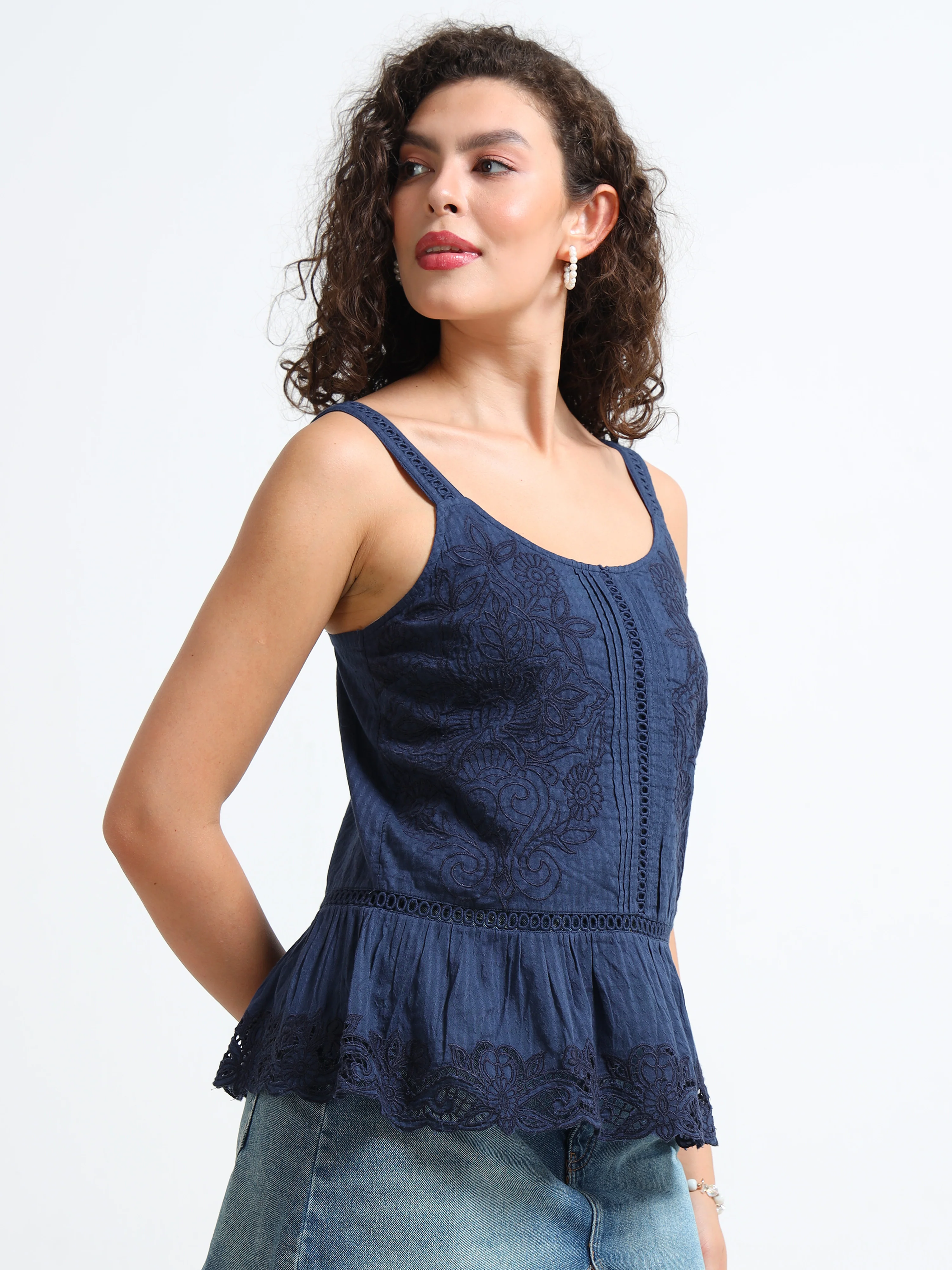 Women Navy Embroidered Peplum Top - Image 2
