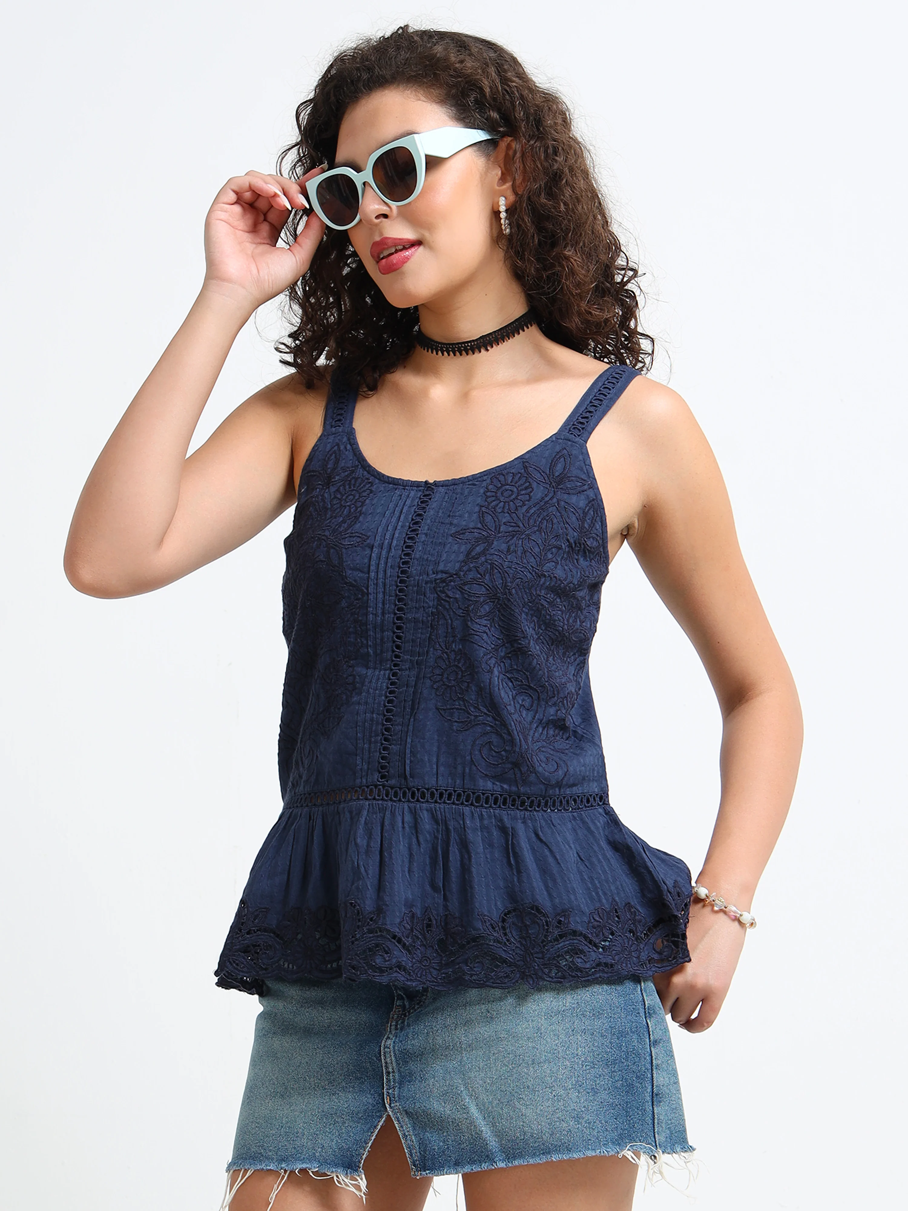 Women Navy Embroidered Peplum Top - Image 3