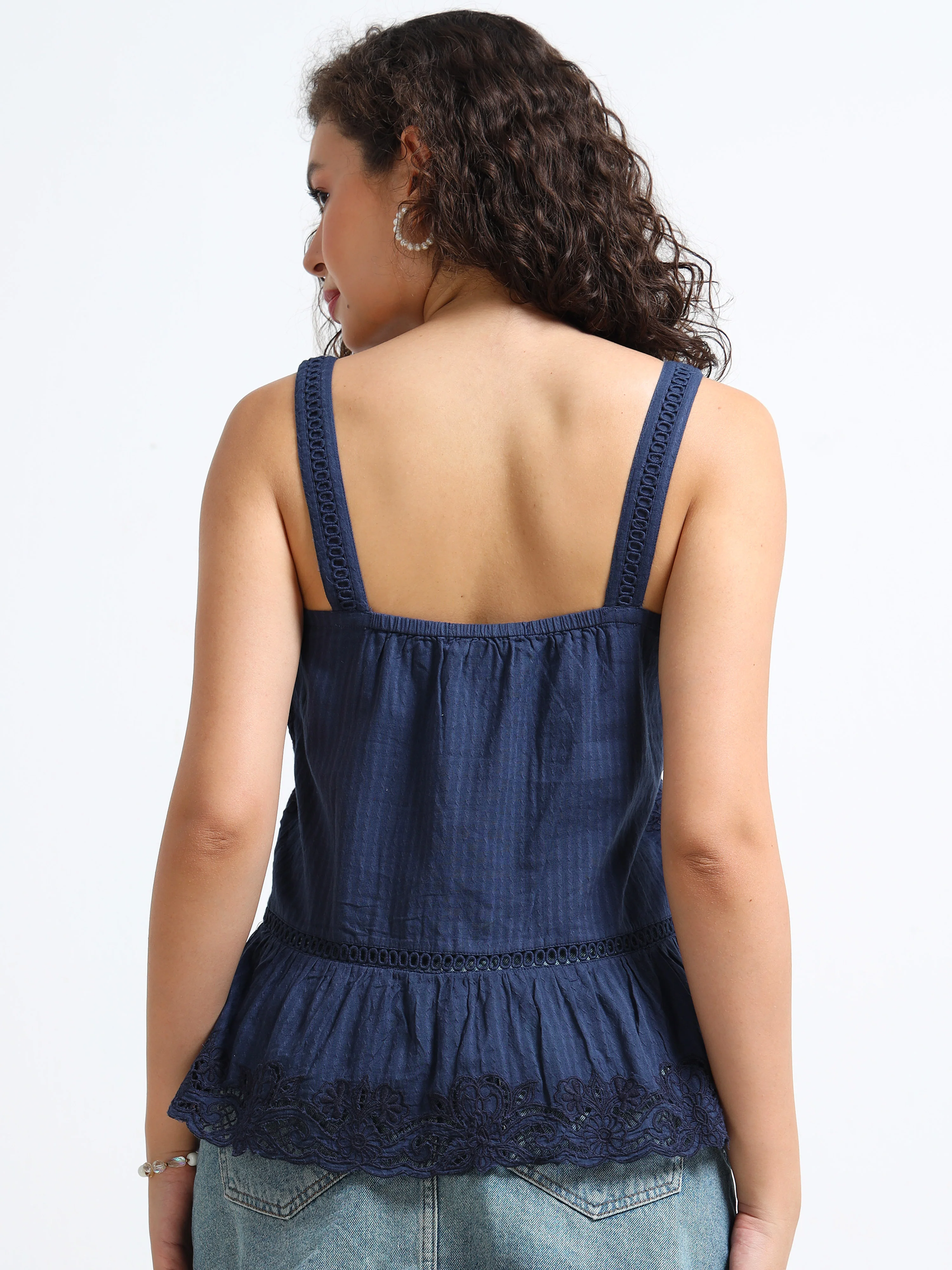 Women Navy Embroidered Peplum Top - Image 4