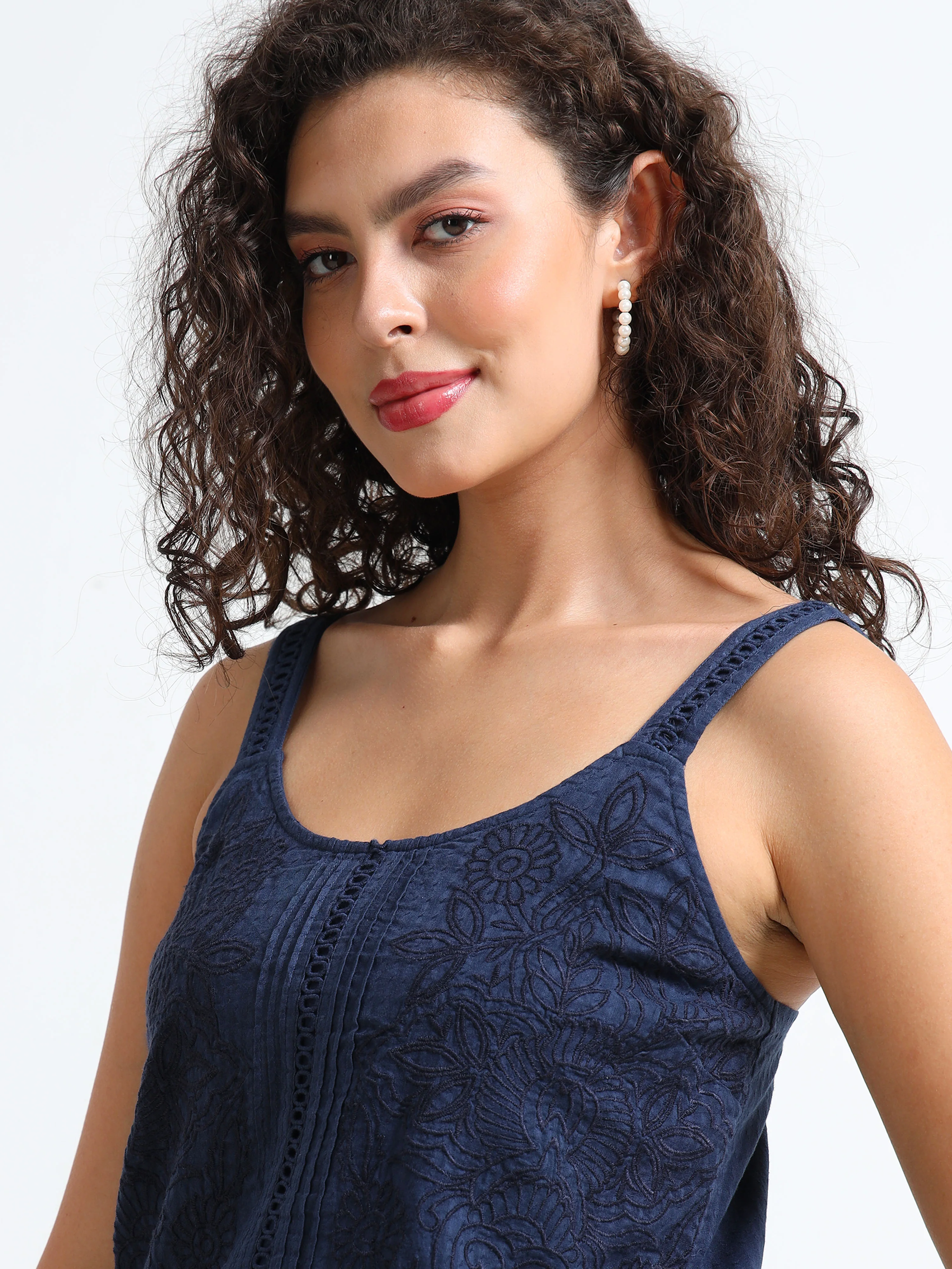 Women Navy Embroidered Peplum Top - Image 5