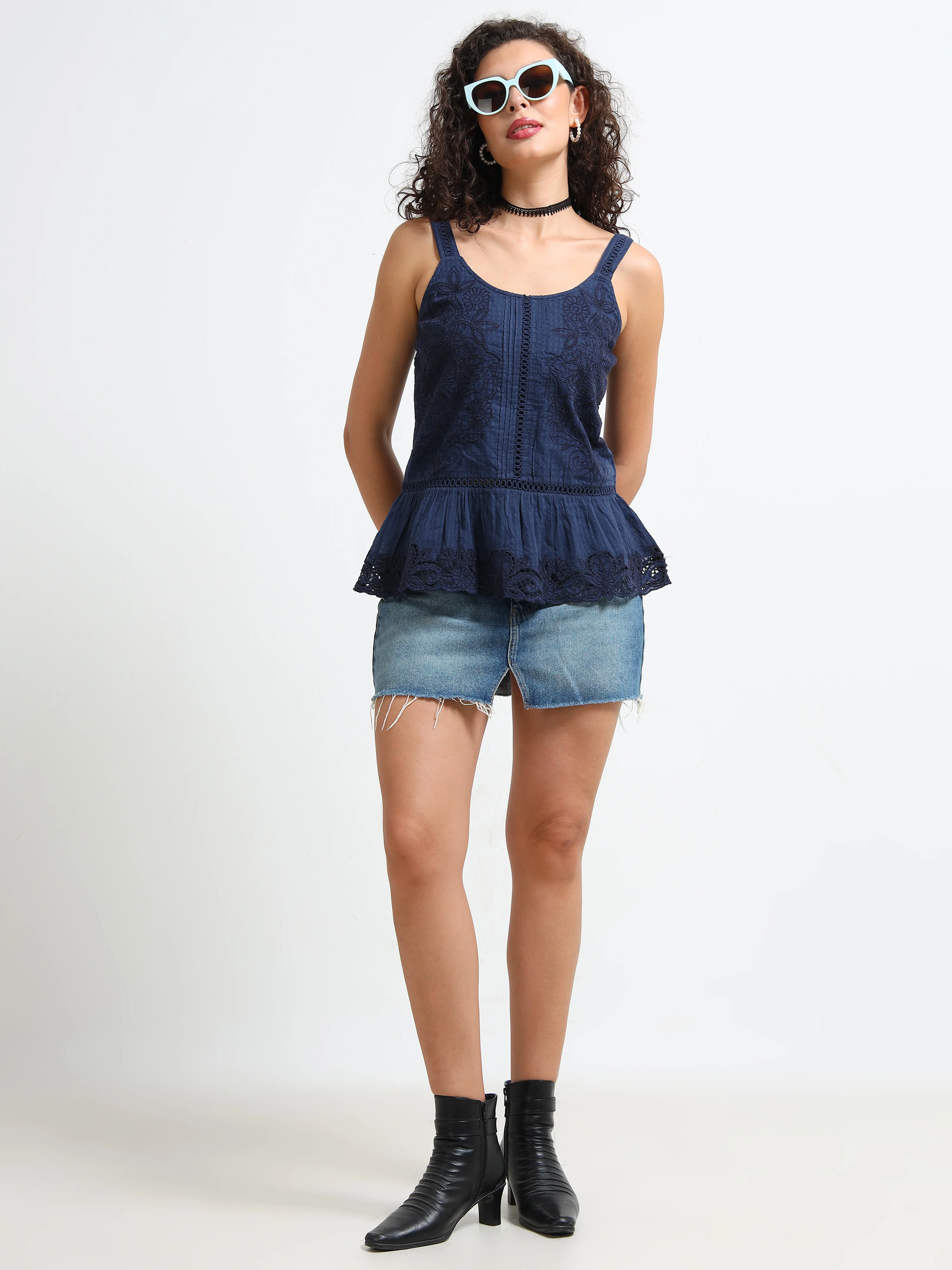 Women Navy Embroidered Peplum Top - Image 6