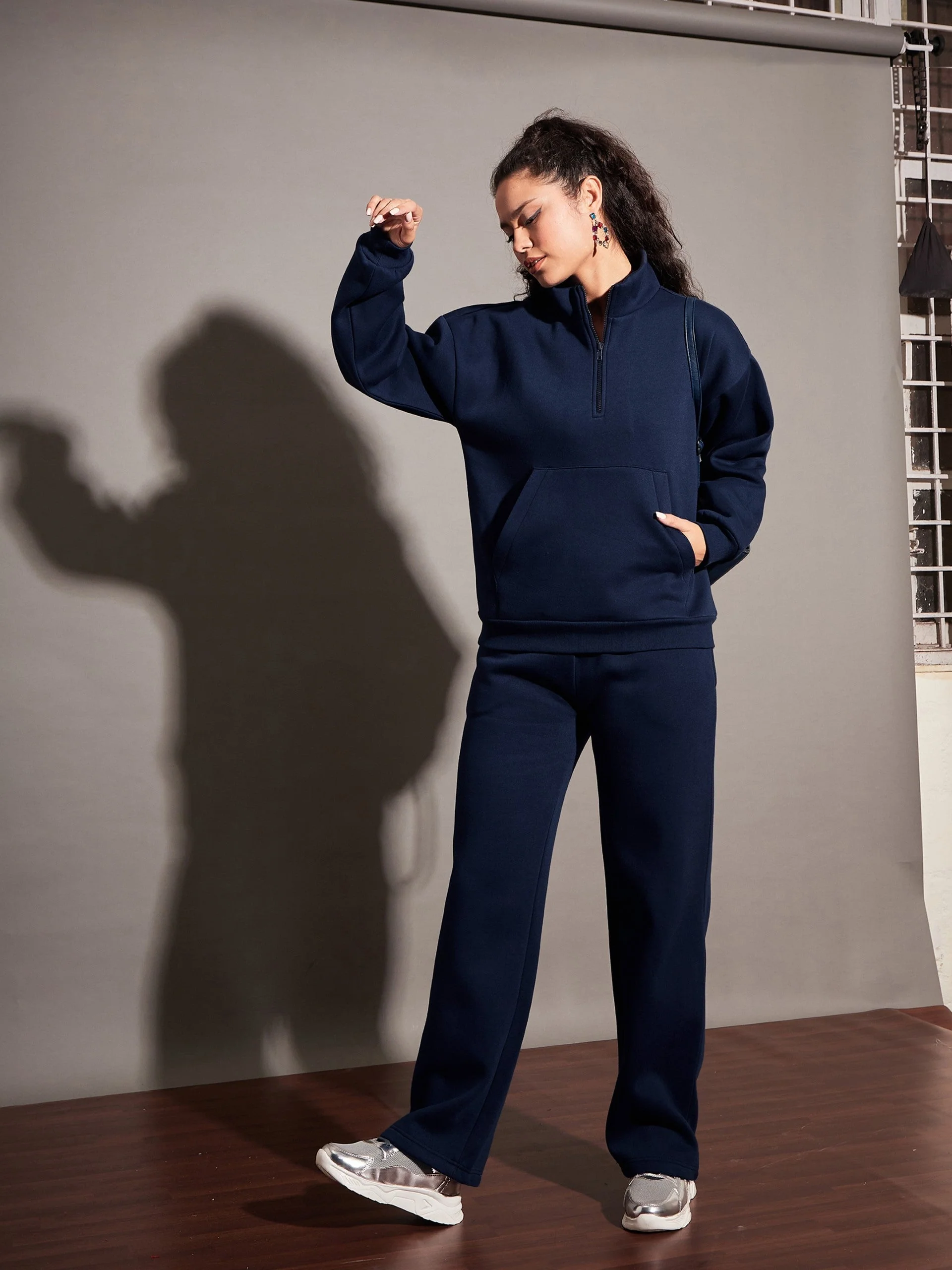 Women Navy Fleece Track Pants - Image 2