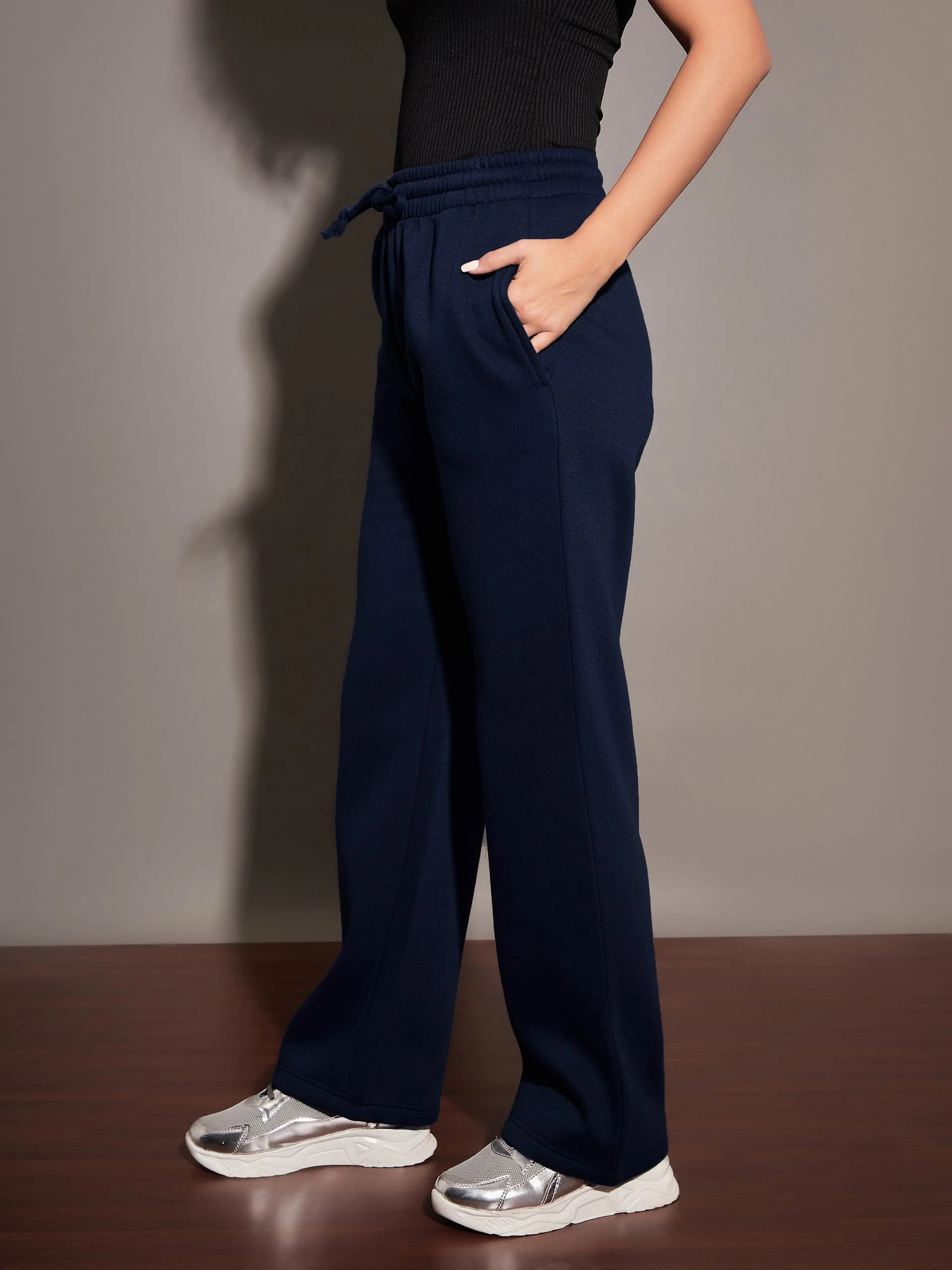 Women Navy Fleece Track Pants - Image 3