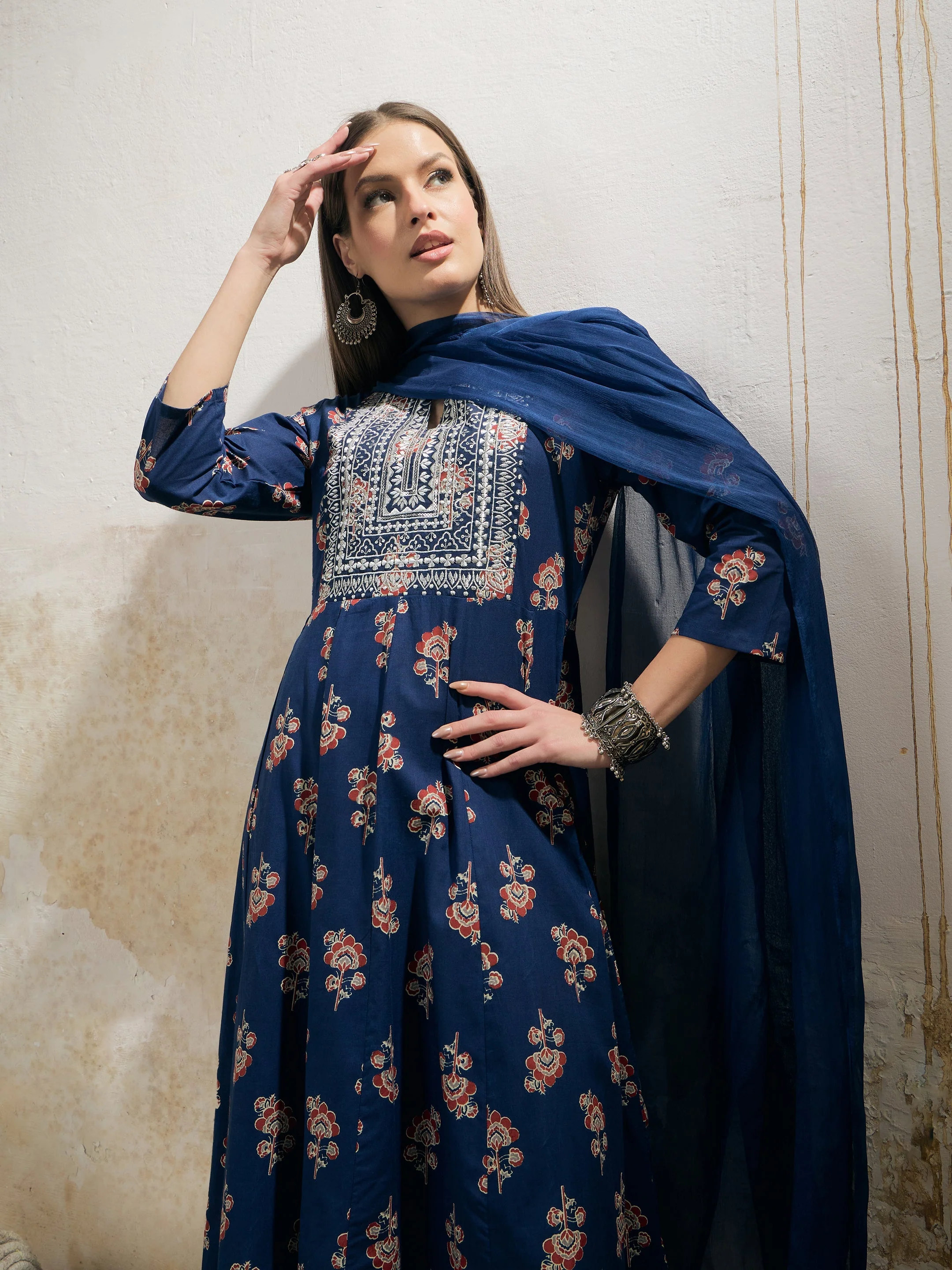 Women Navy Floral Anarkali Kurta With Pants & Dupatta - Image 2