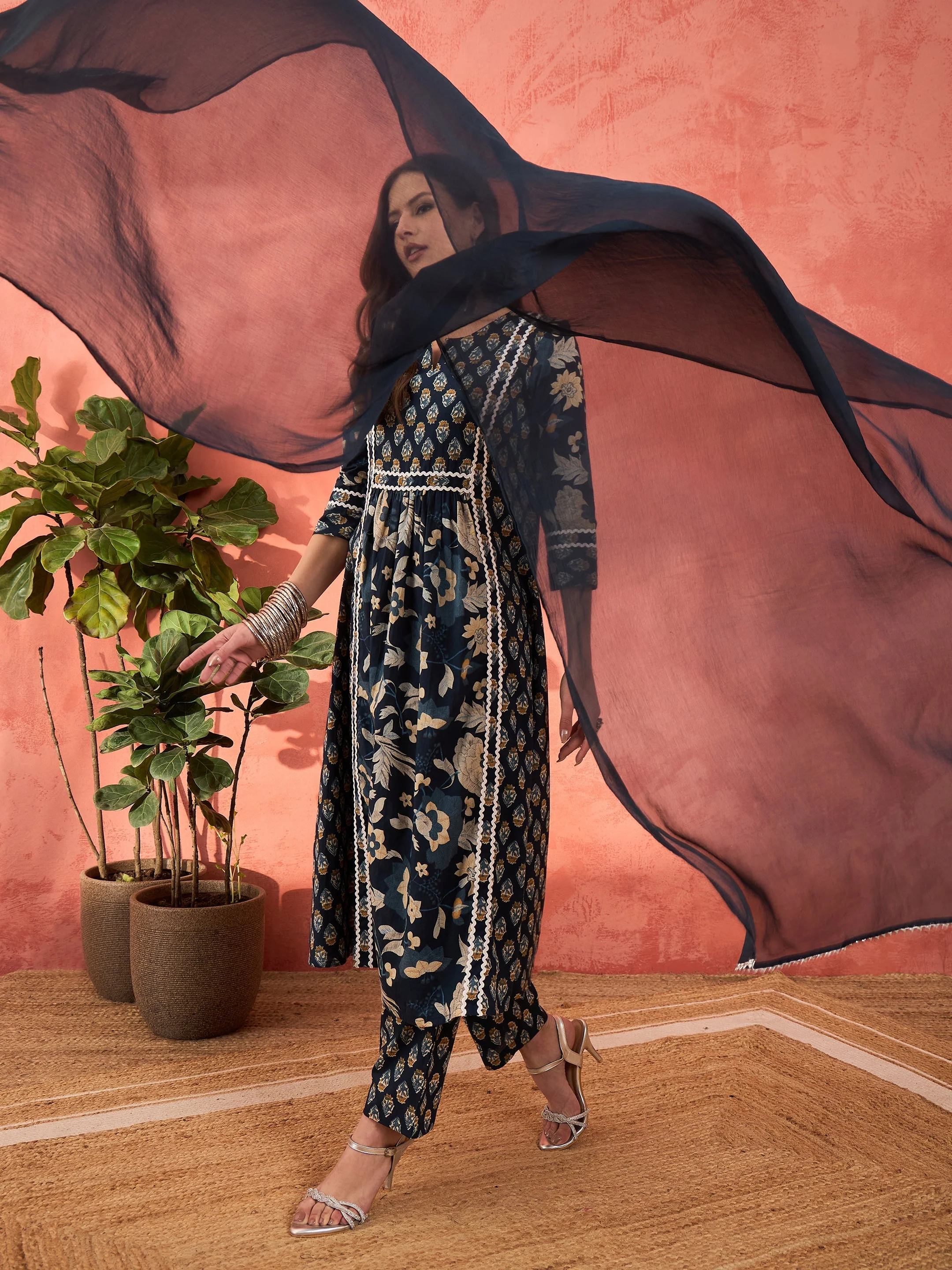 Women Navy Floral Anarkali Kurta With Pencil Pants & Dupatta - Image 2