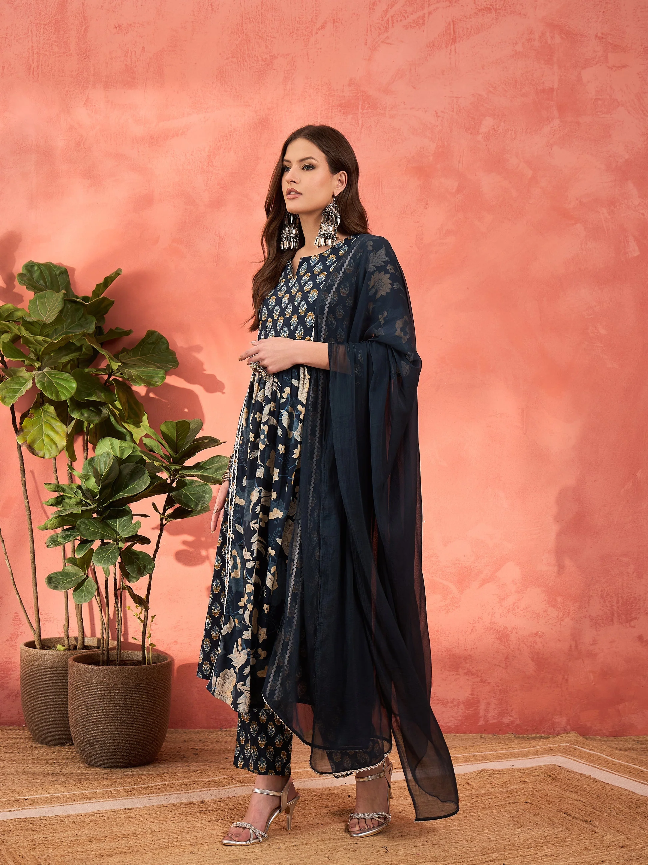 Women Navy Floral Anarkali Kurta With Pencil Pants & Dupatta - Image 3