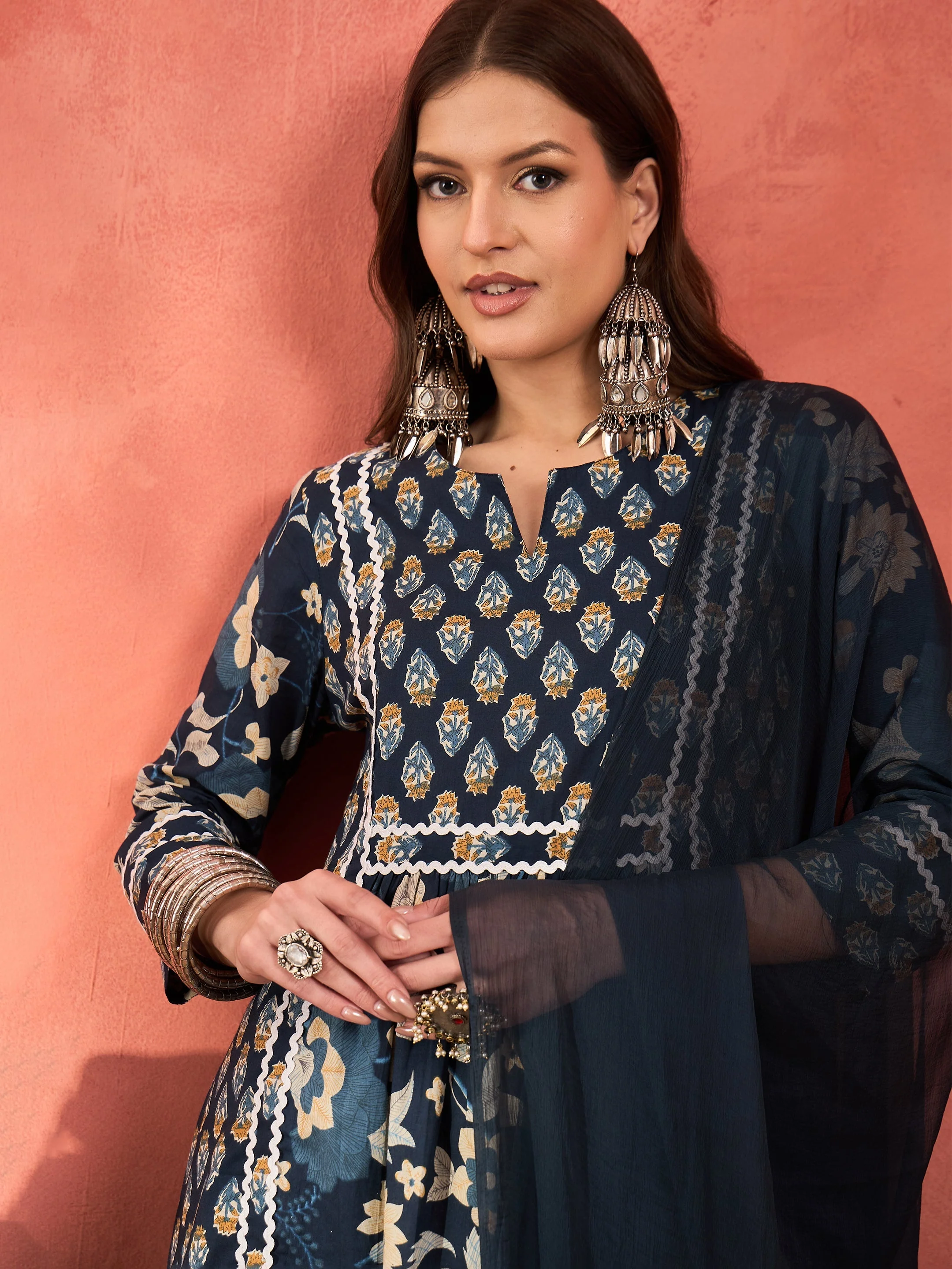Women Navy Floral Anarkali Kurta With Pencil Pants & Dupatta - Image 4