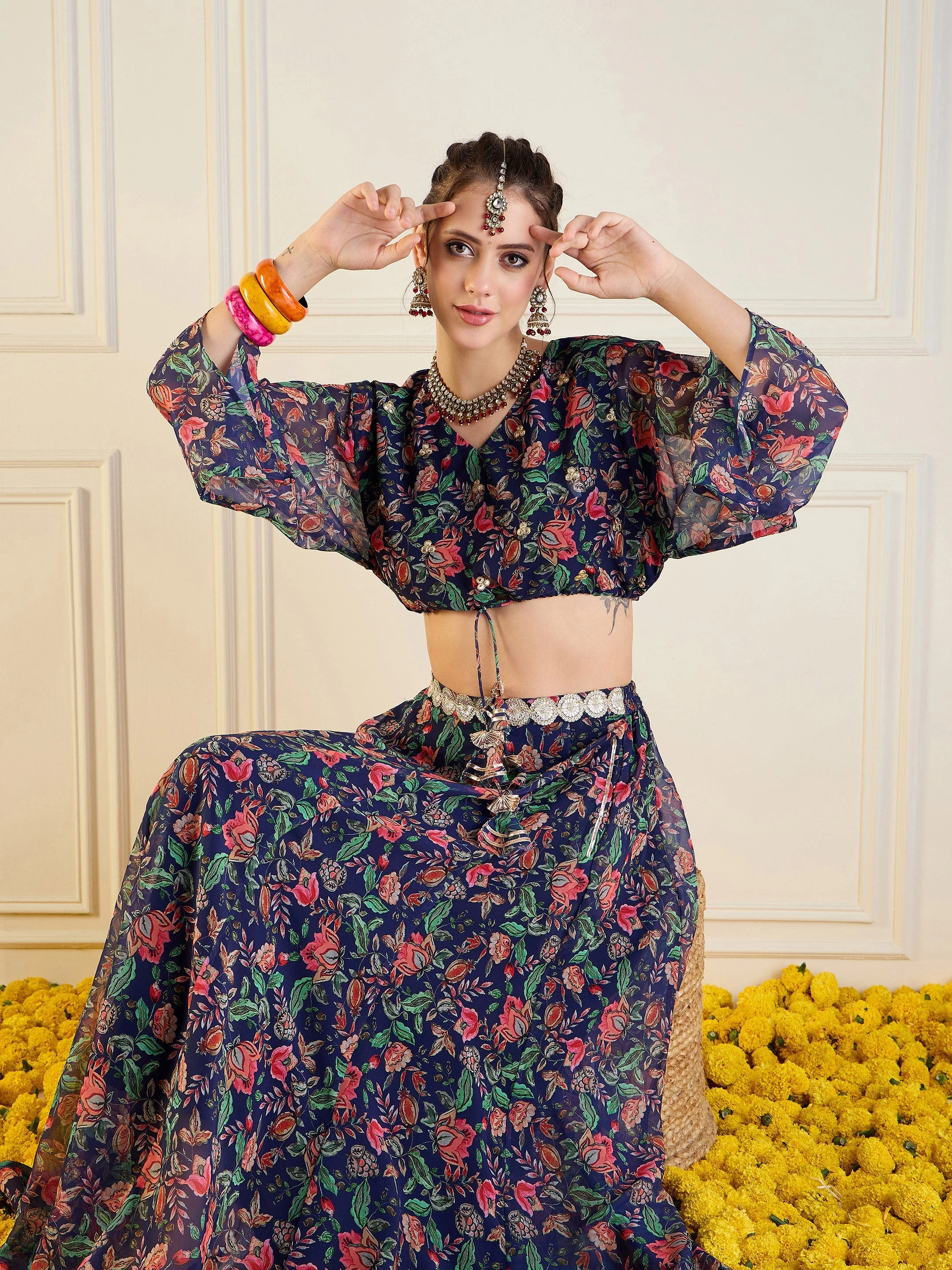 Women Navy Floral Anarkali Skirt With Front Dori Crop Top - Image 2