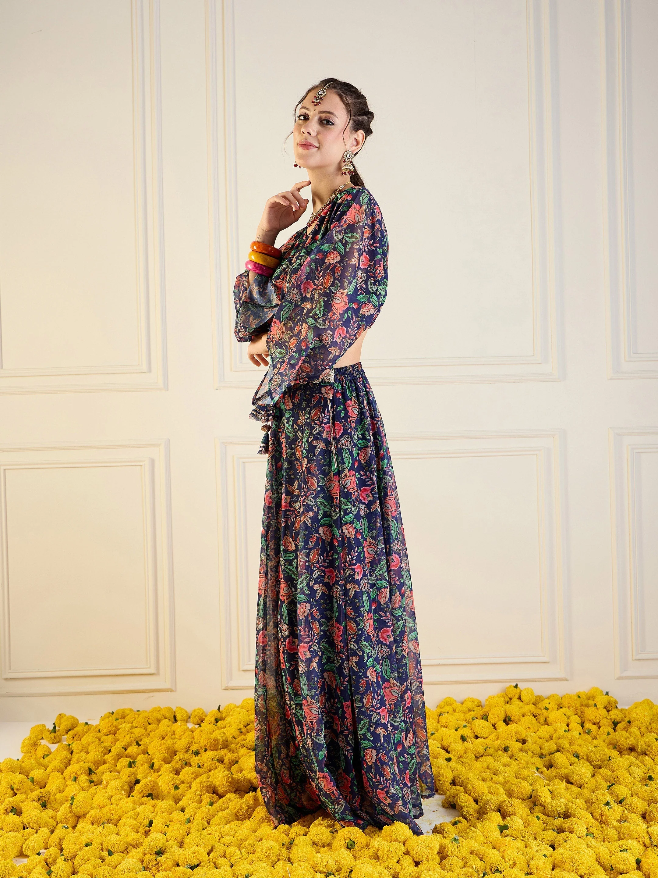 Women Navy Floral Anarkali Skirt With Front Dori Crop Top - Image 3