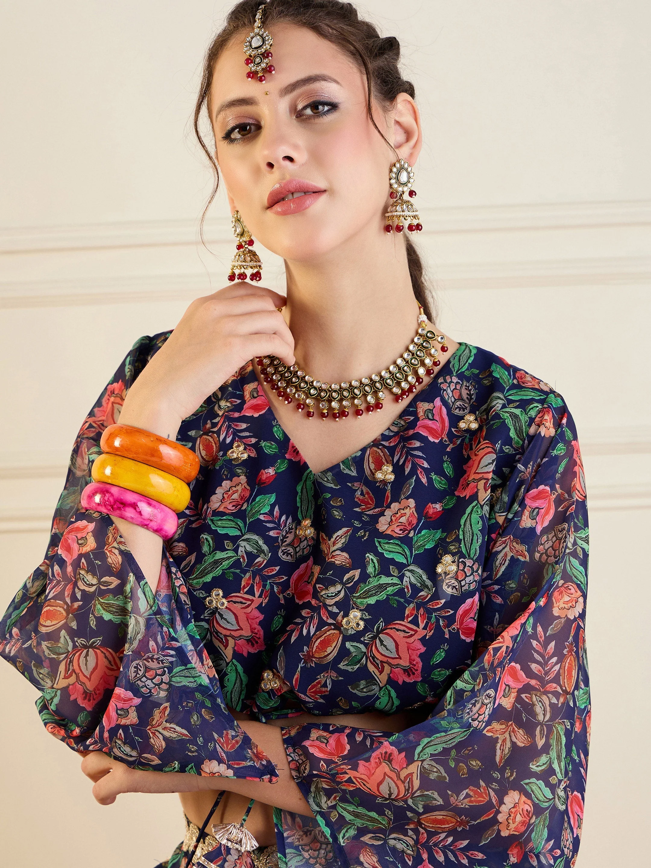 Women Navy Floral Anarkali Skirt With Front Dori Crop Top - Image 4