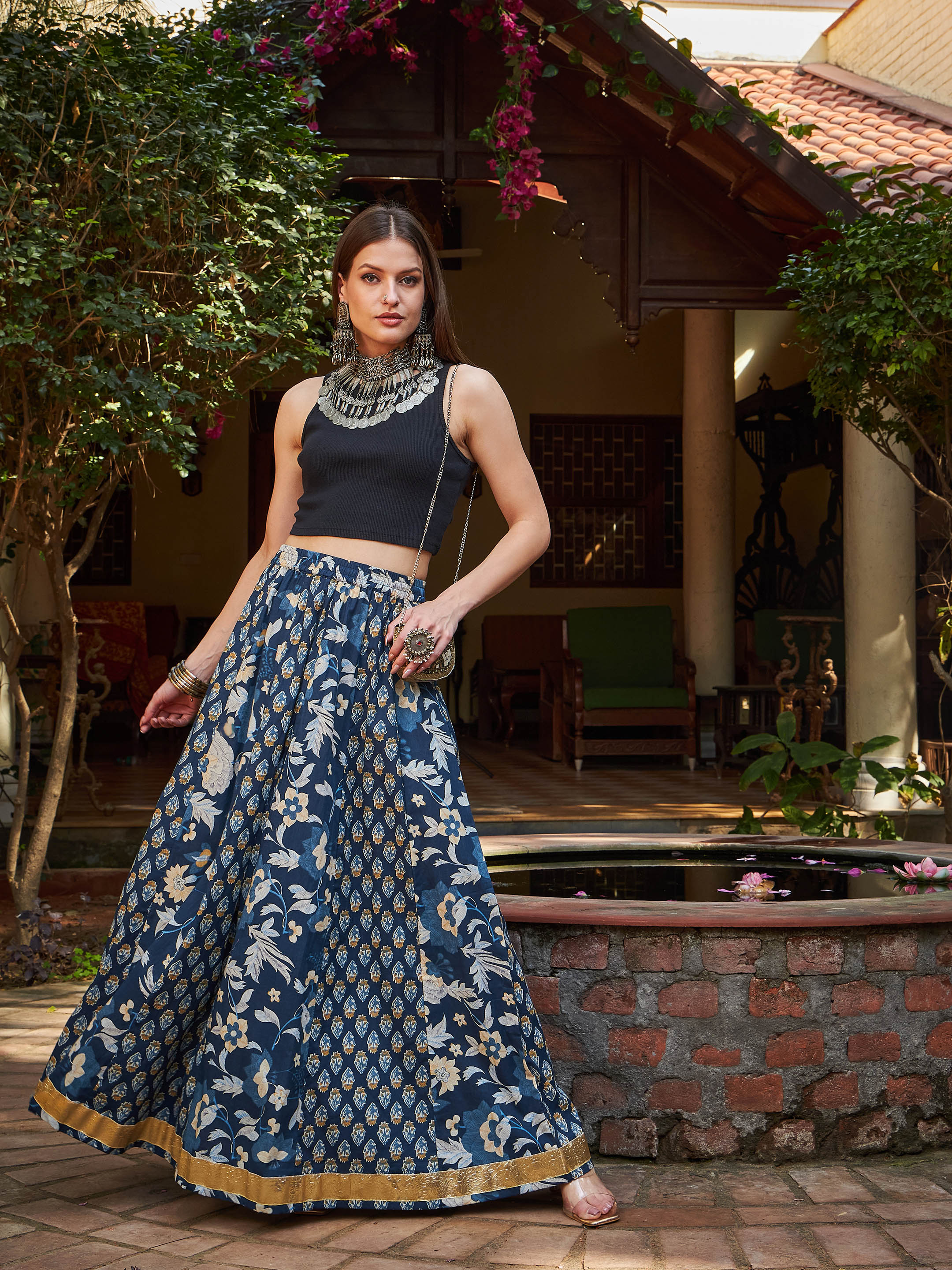 Women Navy Floral Elasticated Anarkali Skirt - Image 2