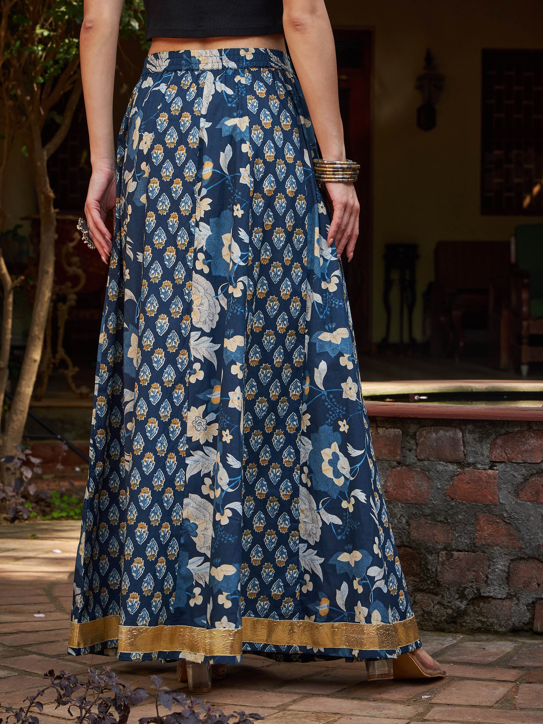 Women Navy Floral Elasticated Anarkali Skirt - Image 5
