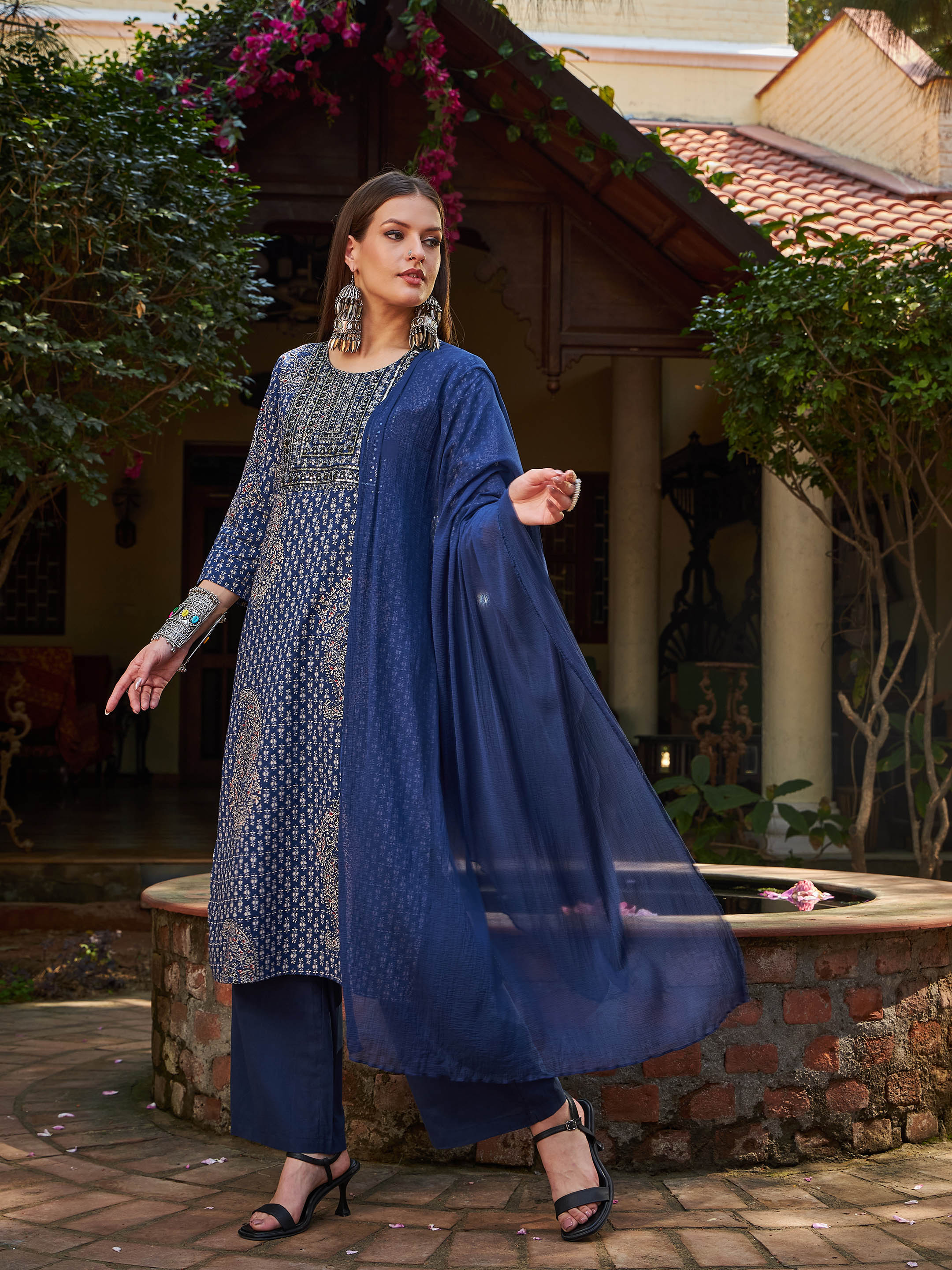 Women Navy Floral Front Yoke Kurta With Pencil Pants & Dupatta - Image 3