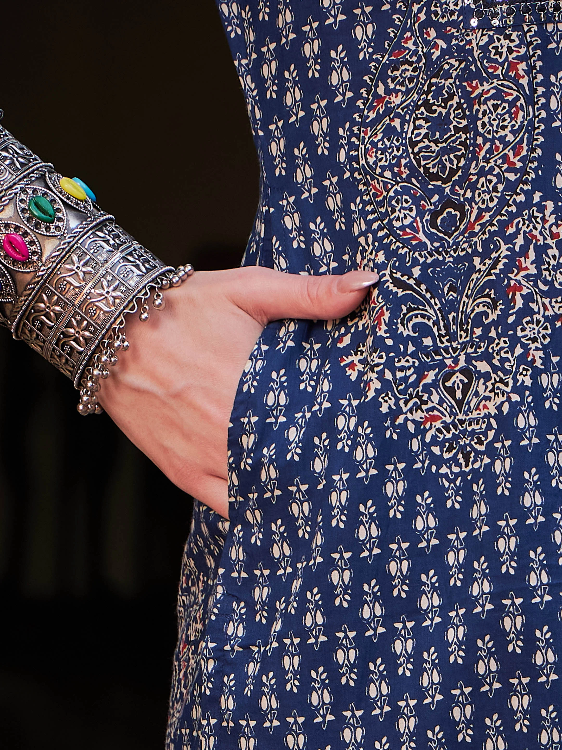 Women Navy Floral Front Yoke Kurta With Pencil Pants & Dupatta - Image 5