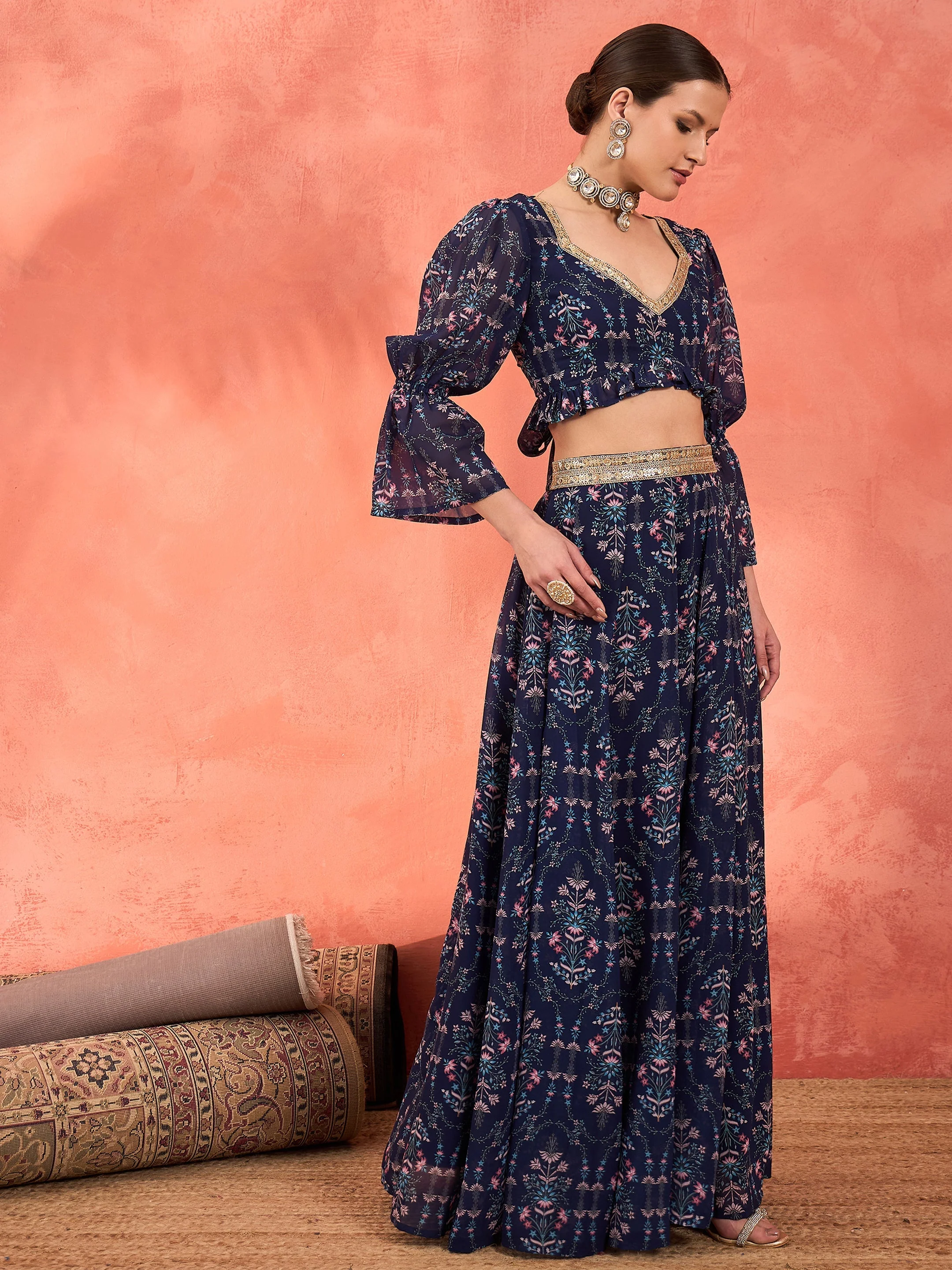 Women Navy Floral Hem Frill Crop Top With Anarkali Skirt - Image 3