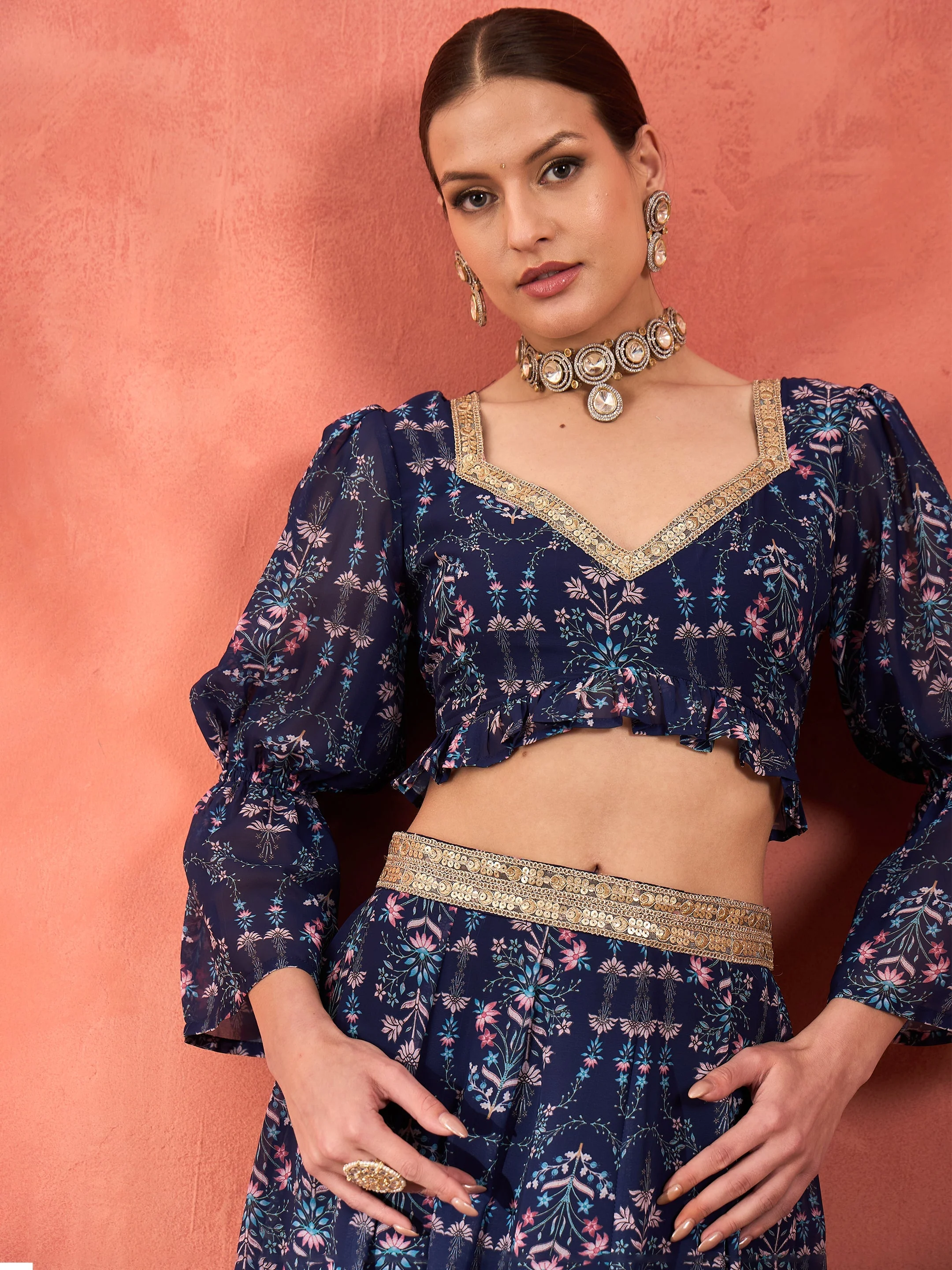 Women Navy Floral Hem Frill Crop Top With Anarkali Skirt - Image 4