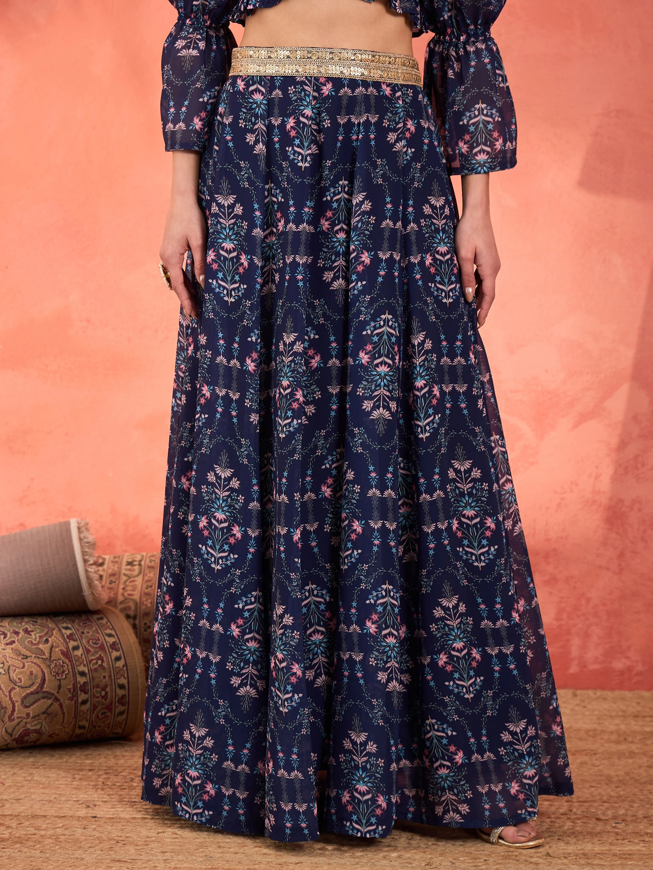 Women Navy Floral Hem Frill Crop Top With Anarkali Skirt - Image 5