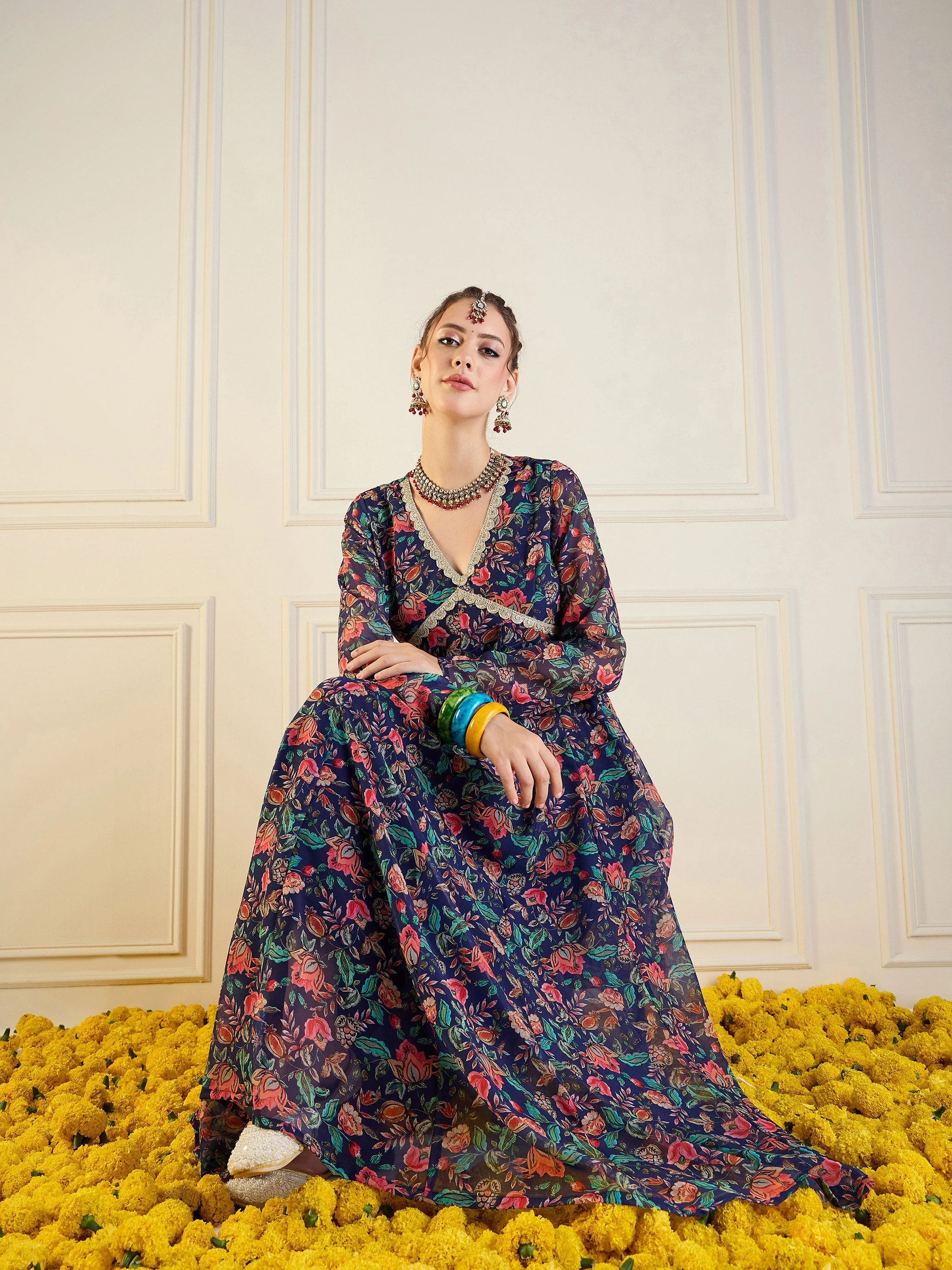 Women Navy Floral Long Anarkali Kurta - Image 2
