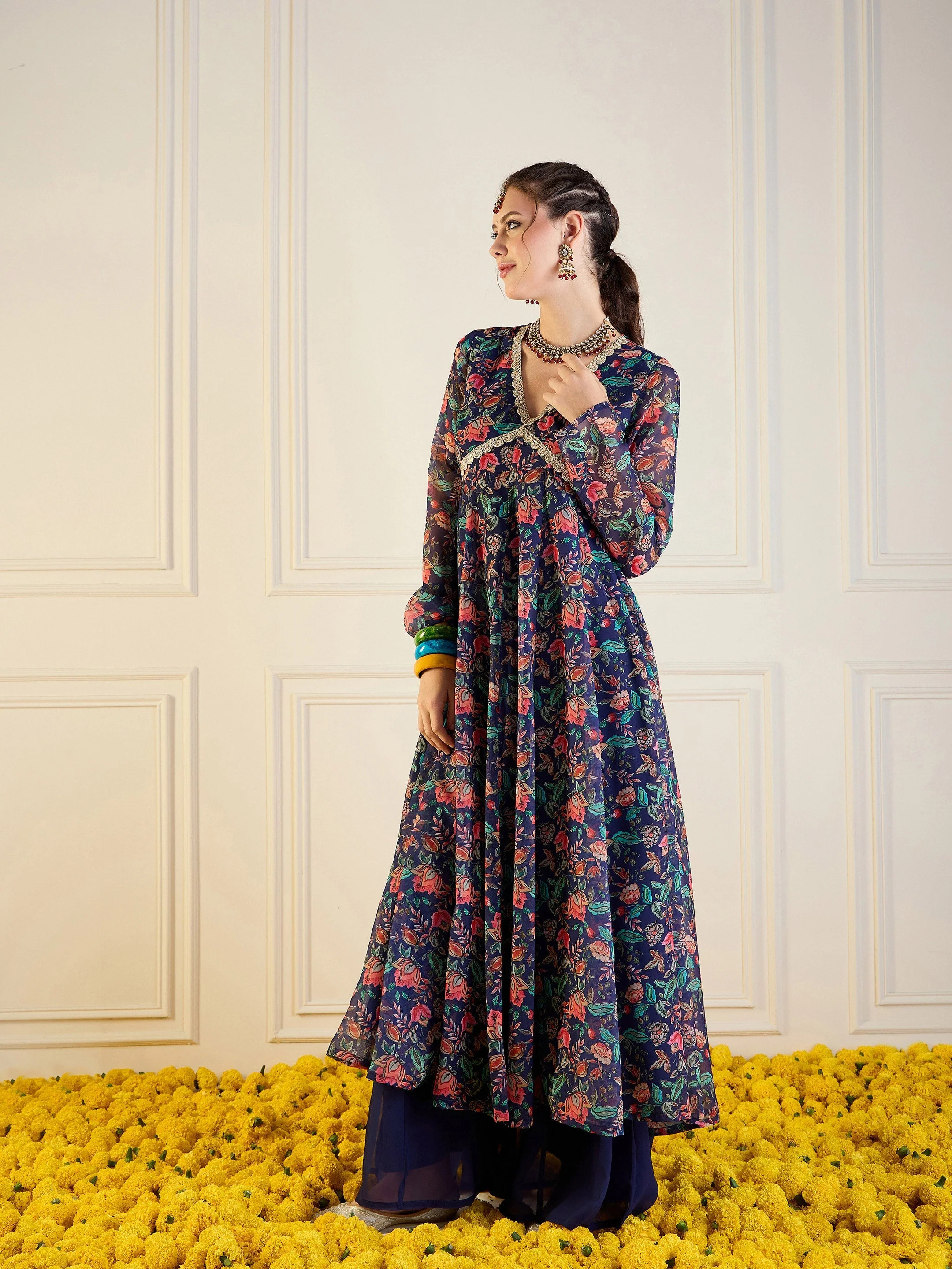 Women Navy Floral Long Anarkali Kurta - Image 3