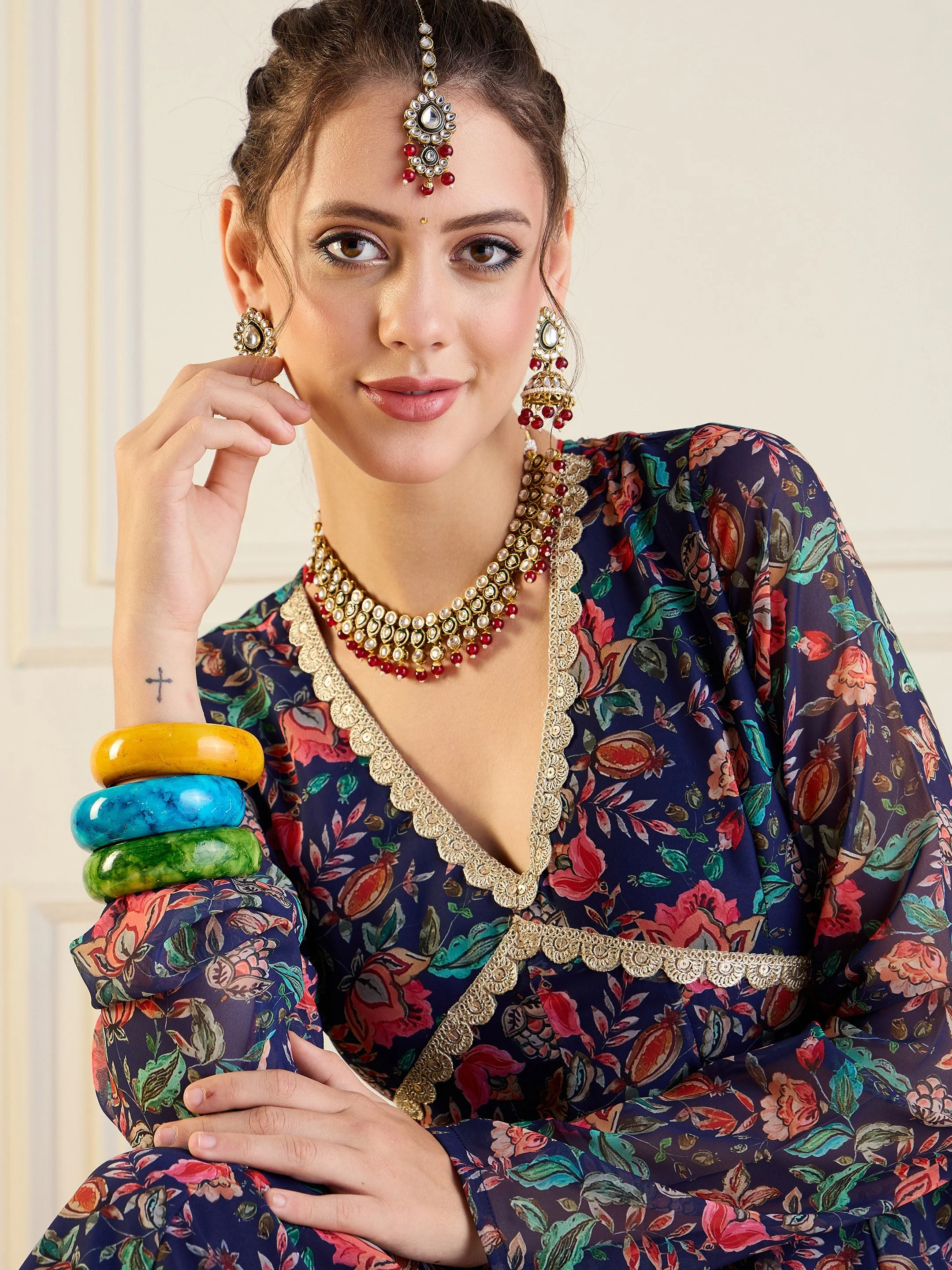 Women Navy Floral Long Anarkali Kurta - Image 4