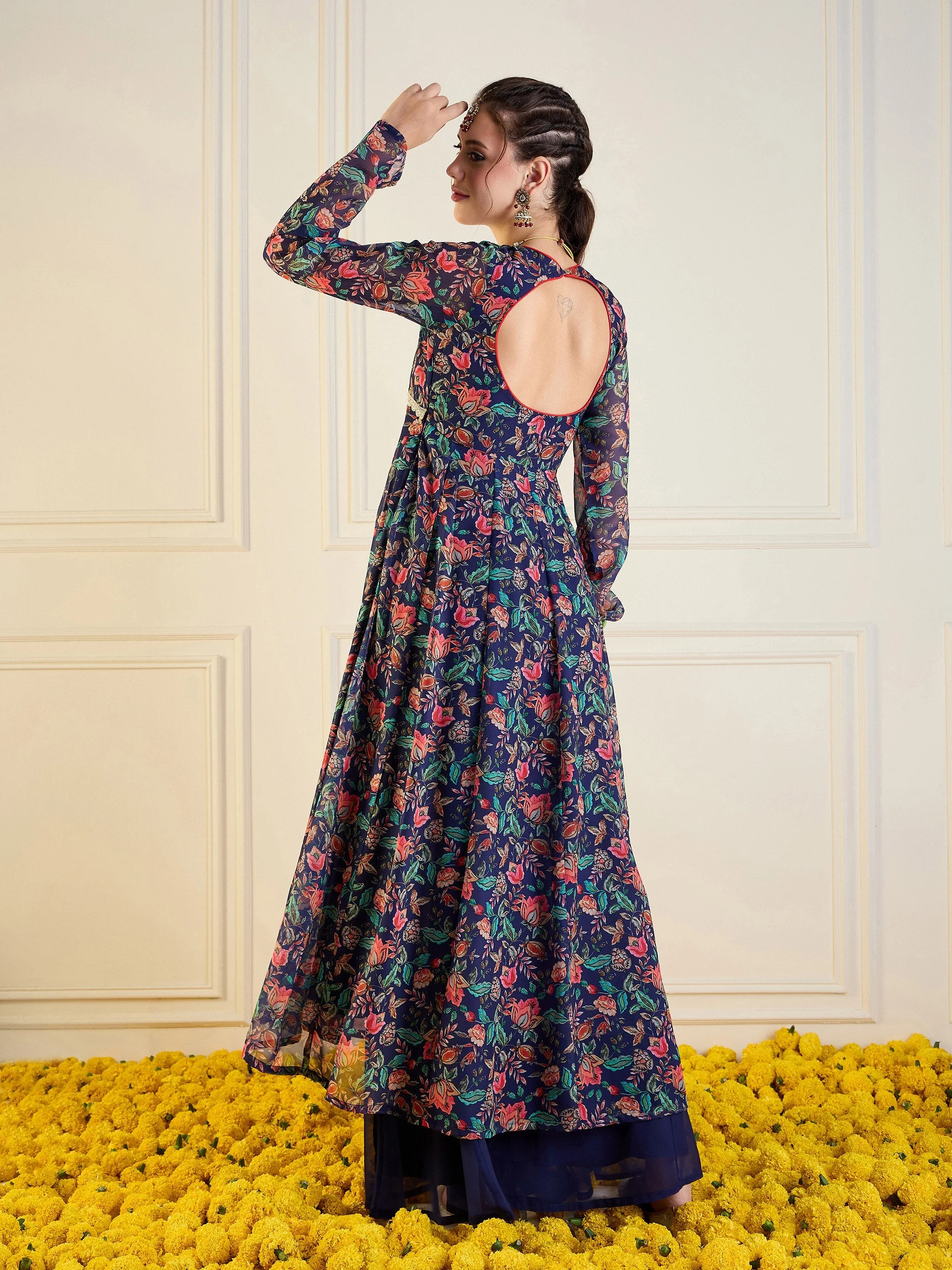 Women Navy Floral Long Anarkali Kurta - Image 5